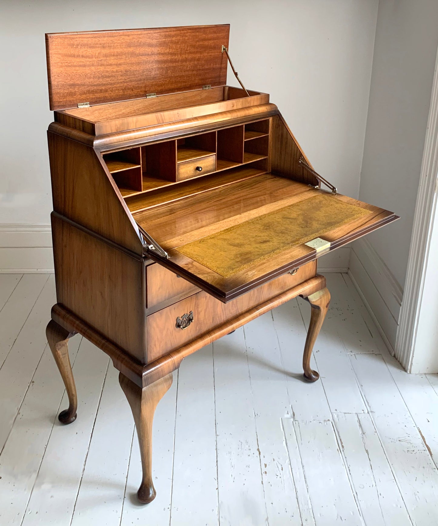 Vintage Walnut Burr Veneer Two Drawer Bureau With Queen Anne Legs & Secret Lid