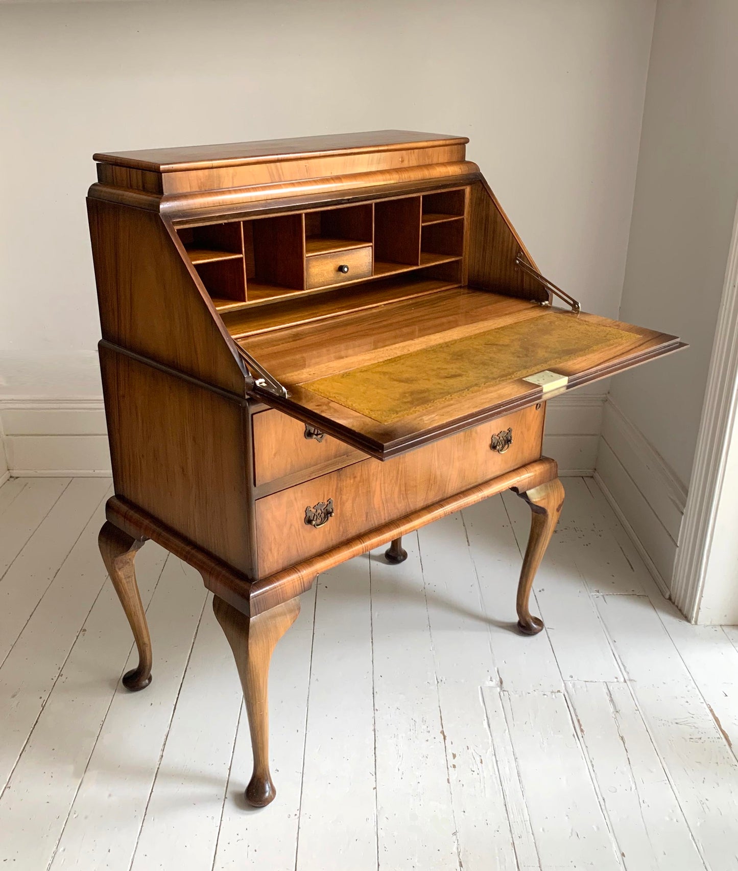 Vintage Walnut Burr Veneer Two Drawer Bureau With Queen Anne Legs & Secret Lid