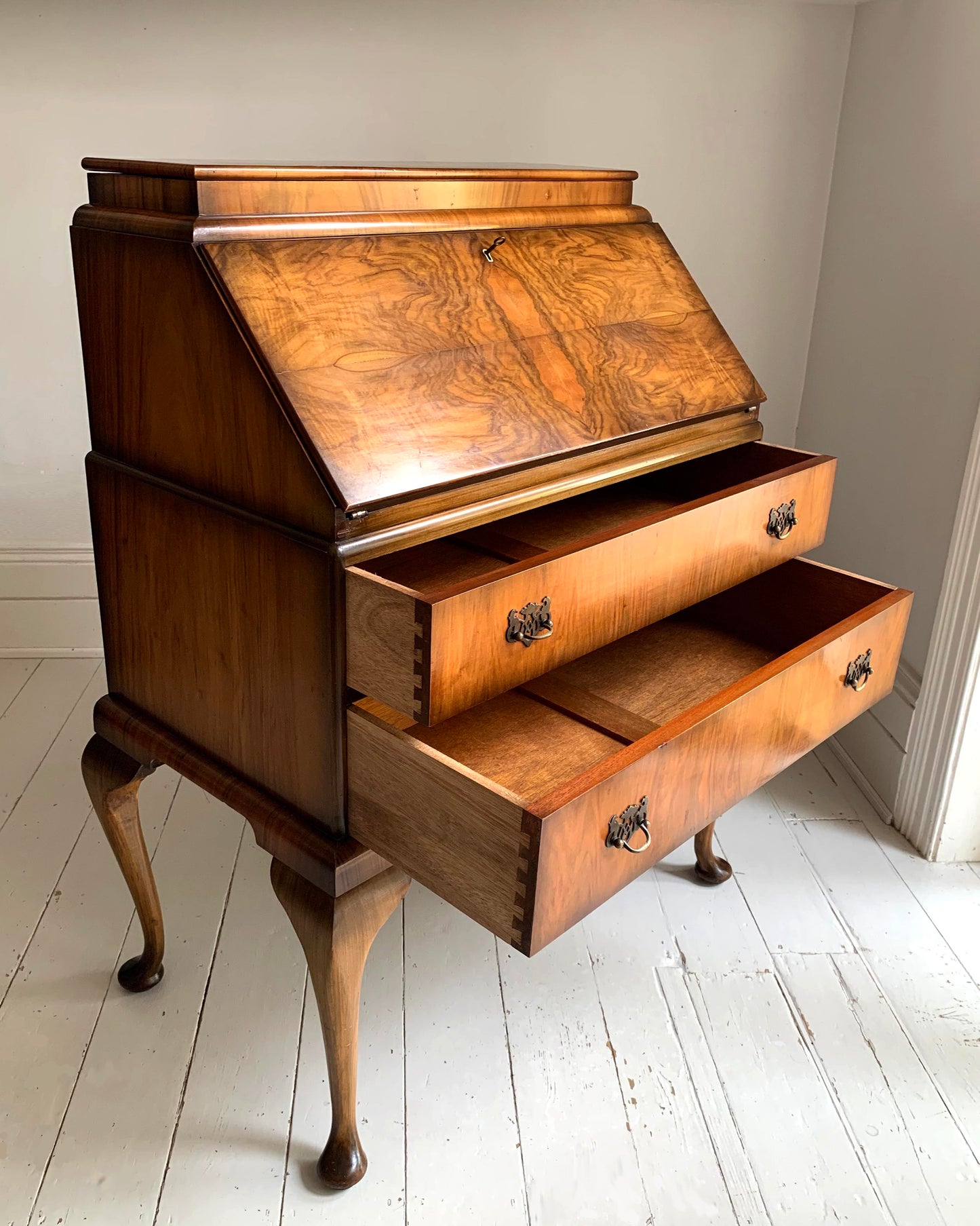 Vintage Walnut Burr Veneer Two Drawer Bureau With Queen Anne Legs & Secret Lid