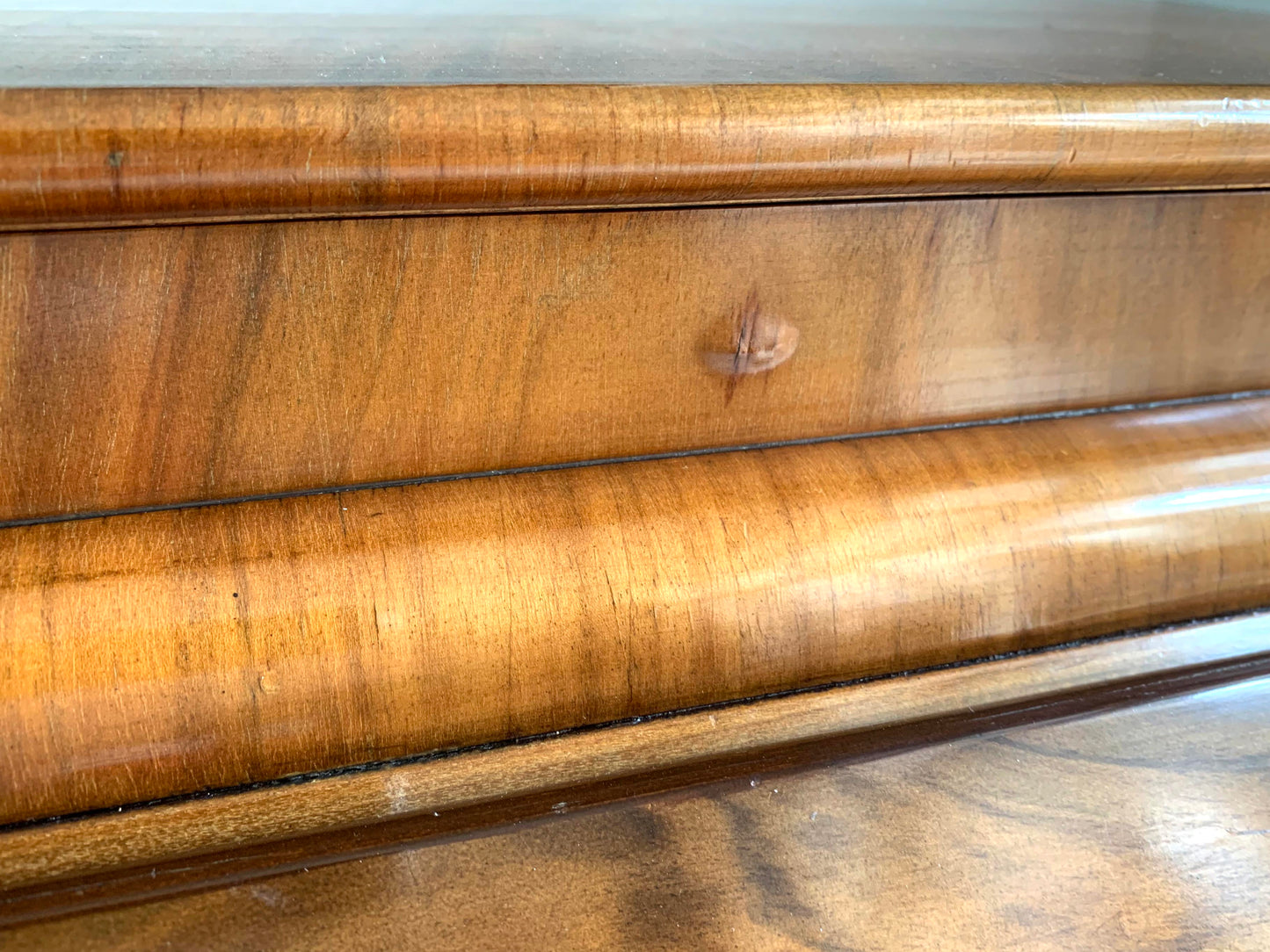 Vintage Walnut Burr Veneer Two Drawer Bureau With Queen Anne Legs & Secret Lid