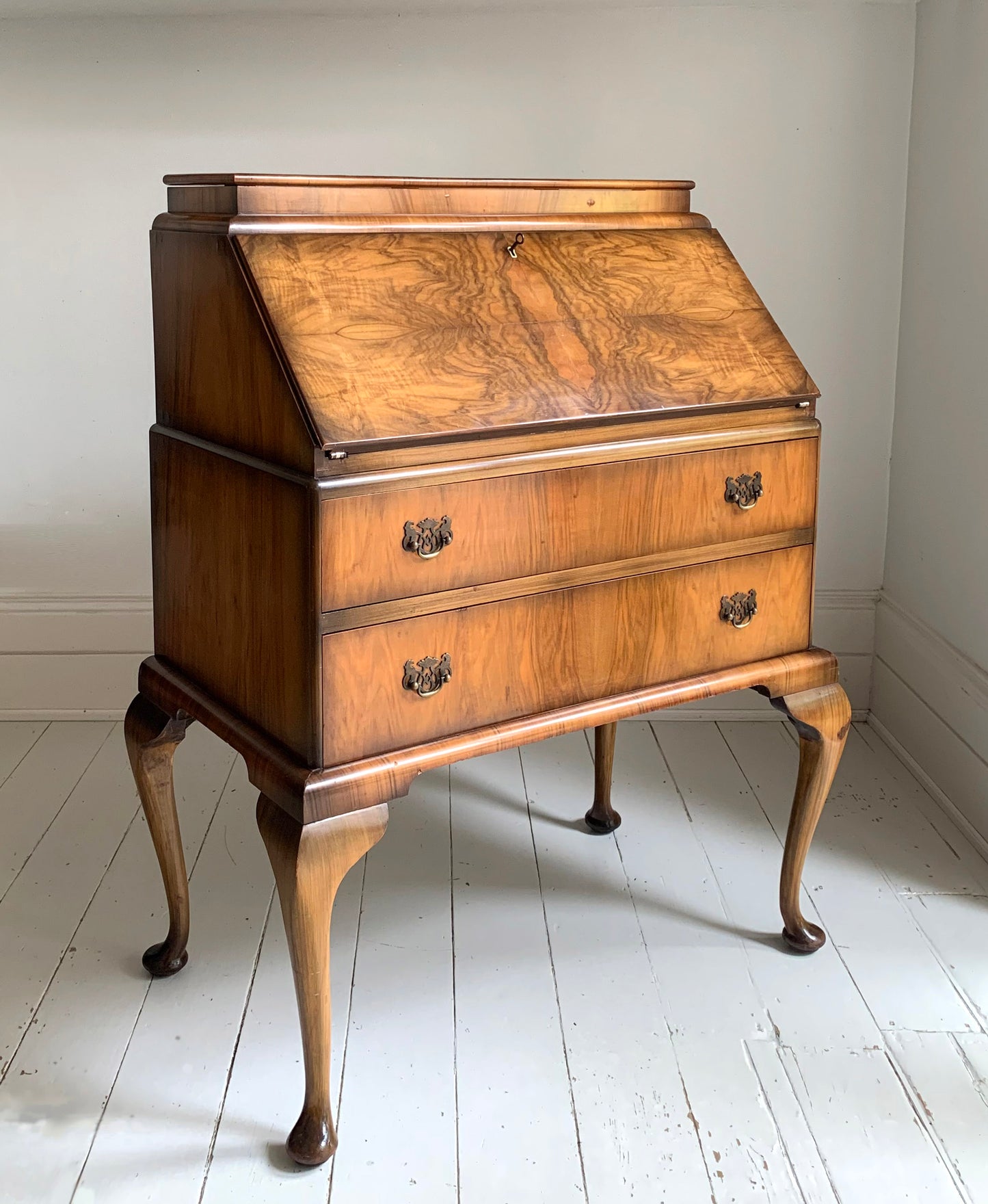 Vintage Walnut Burr Veneer Two Drawer Bureau With Queen Anne Legs & Secret Lid