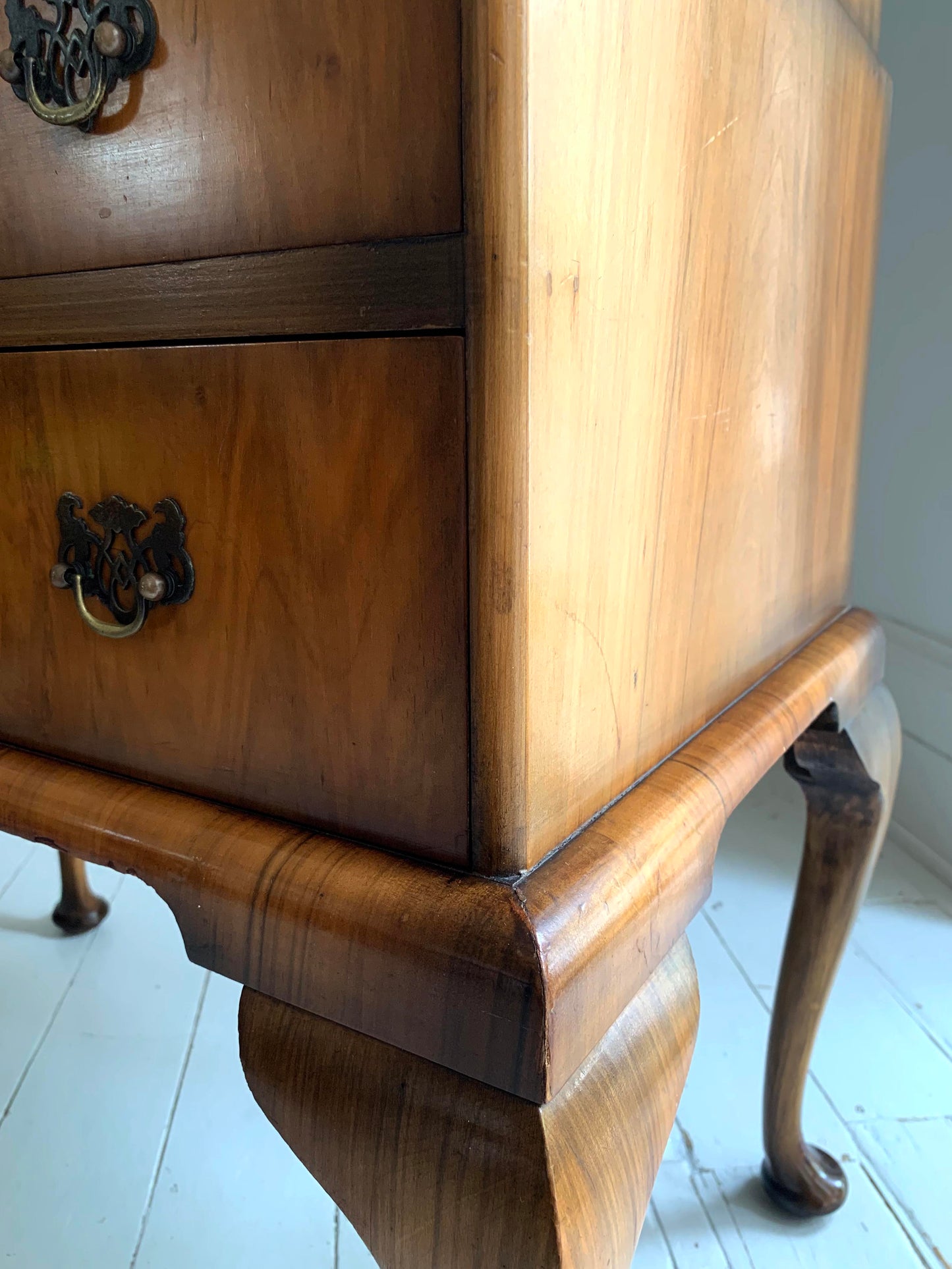 Vintage Walnut Burr Veneer Two Drawer Bureau With Queen Anne Legs & Secret Lid