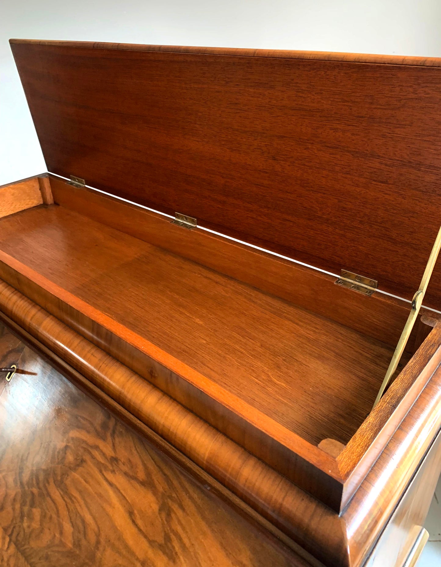 Vintage Walnut Burr Veneer Two Drawer Bureau With Queen Anne Legs & Secret Lid