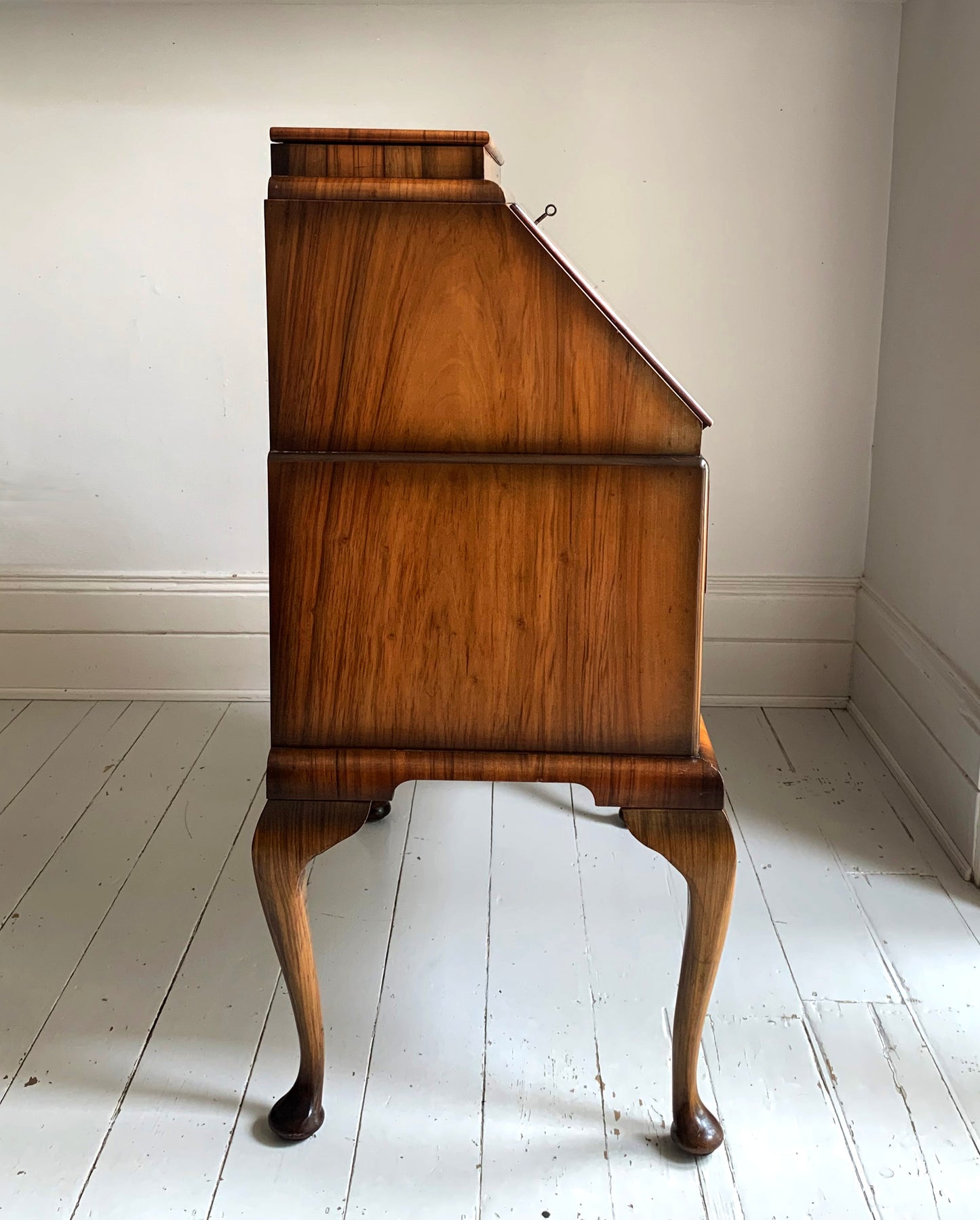 Vintage Walnut Burr Veneer Two Drawer Bureau With Queen Anne Legs & Secret Lid