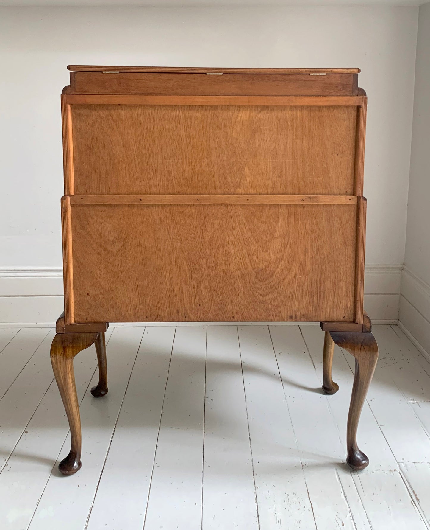 Vintage Walnut Burr Veneer Two Drawer Bureau With Queen Anne Legs & Secret Lid