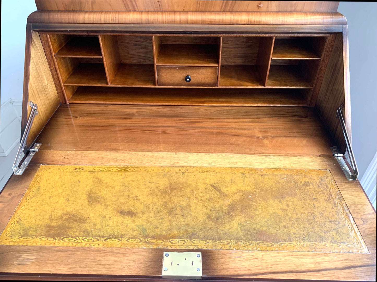 Vintage Walnut Burr Veneer Two Drawer Bureau With Queen Anne Legs & Secret Lid