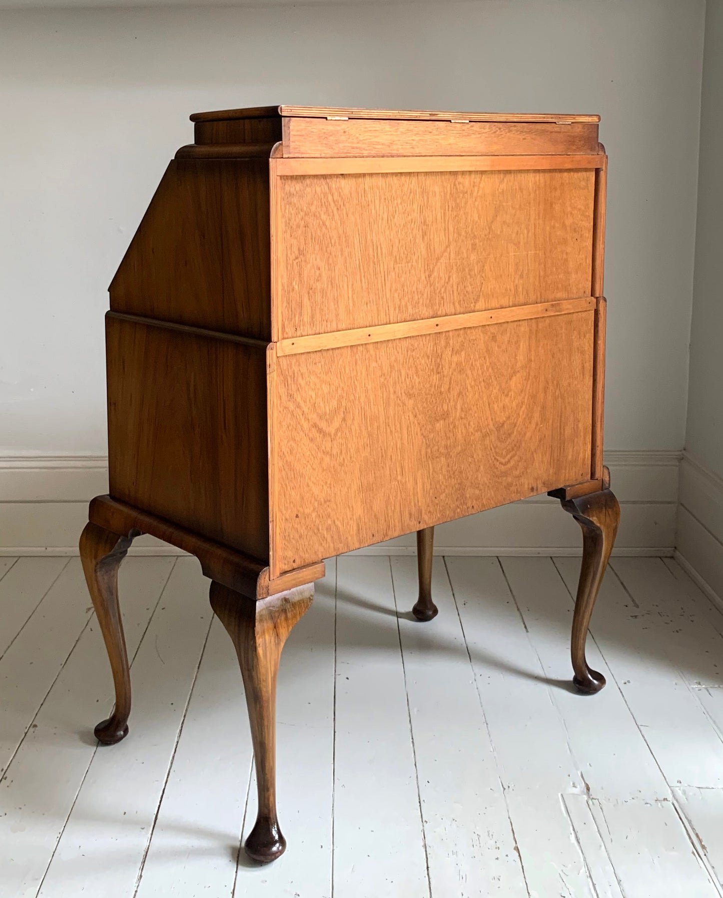 Vintage Walnut Burr Veneer Two Drawer Bureau With Queen Anne Legs & Secret Lid