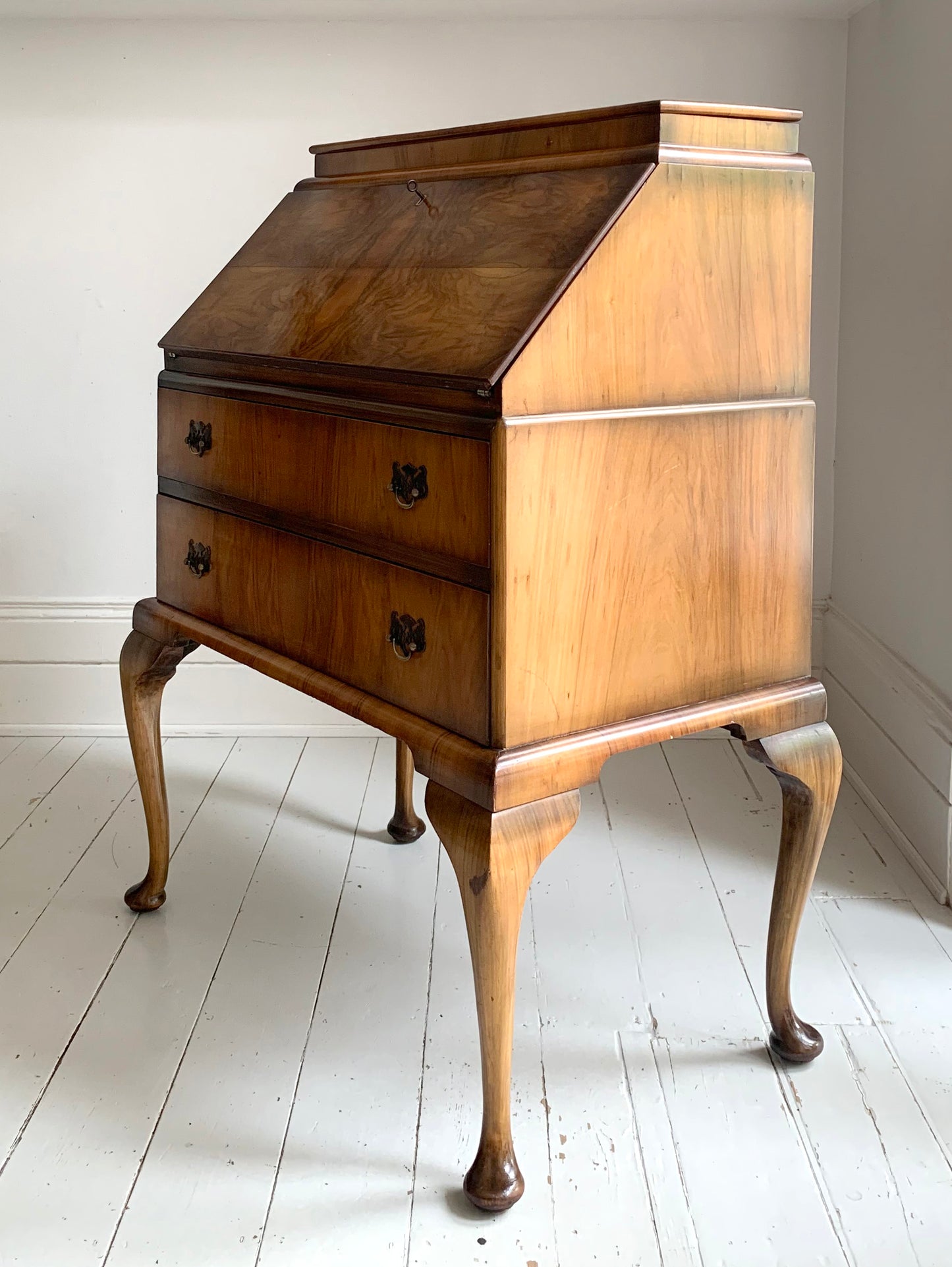 Vintage Walnut Burr Veneer Two Drawer Bureau With Queen Anne Legs & Secret Lid
