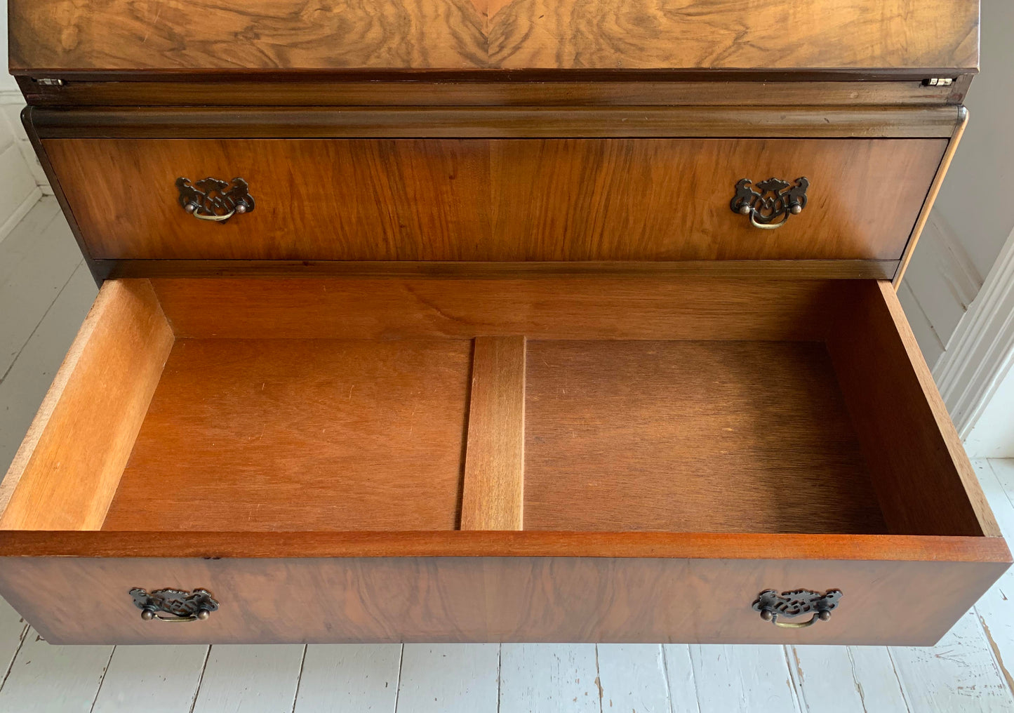 Vintage Walnut Burr Veneer Two Drawer Bureau With Queen Anne Legs & Secret Lid