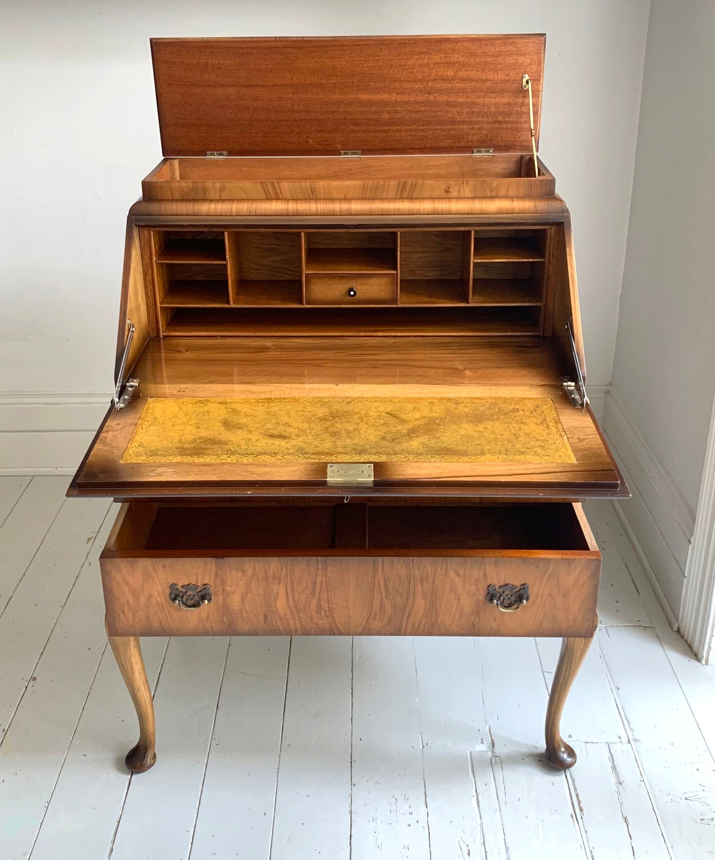 Vintage Walnut Burr Veneer Two Drawer Bureau With Queen Anne Legs & Secret Lid