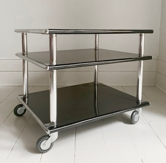 1980's Habitat 3 Tier Black Steel & Aluminium Table / Media - Coffee Table / Turntable Stand