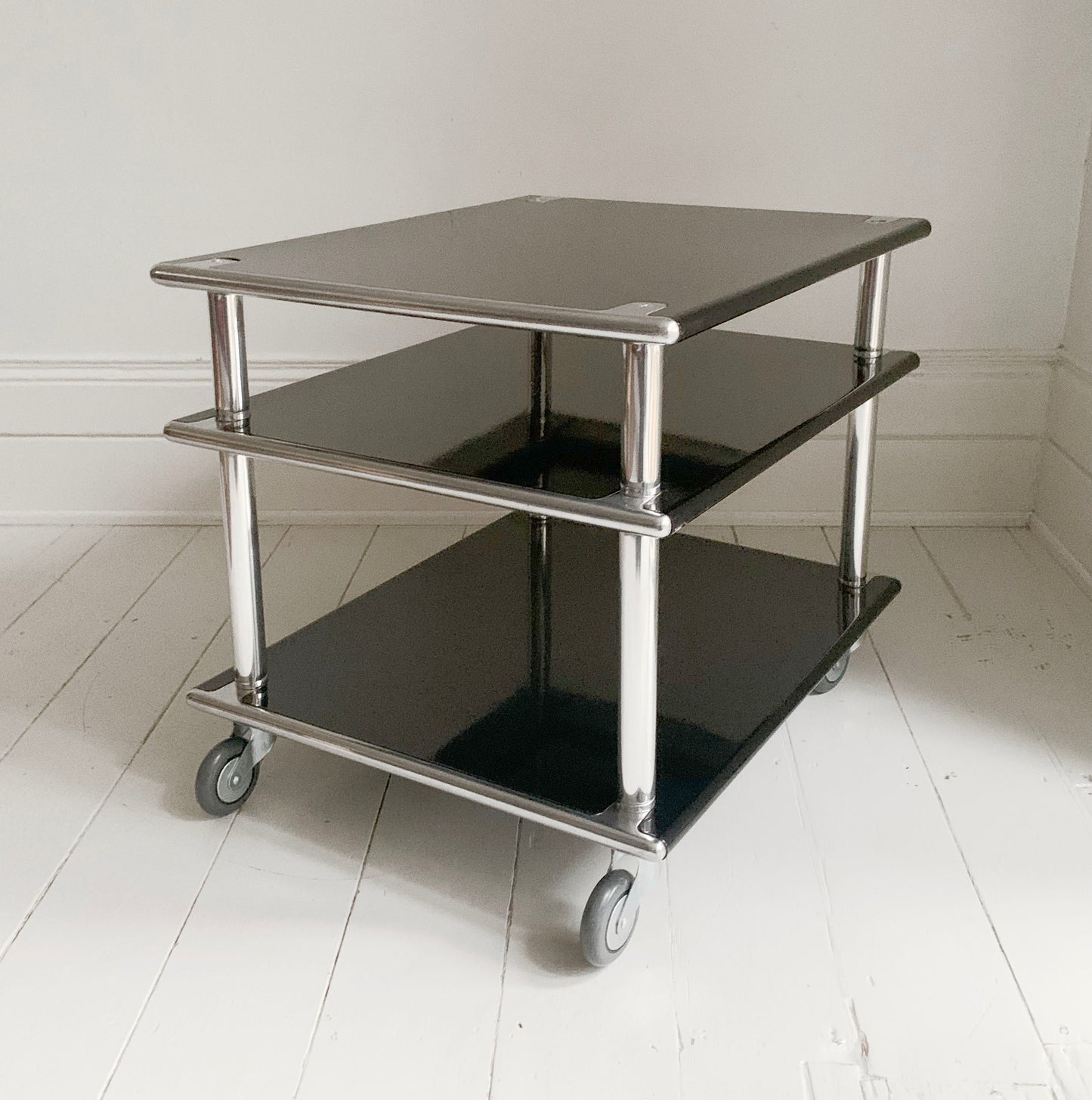 1980's Habitat 3 Tier Black Steel & Aluminium Table / Media - Coffee Table / Turntable Stand