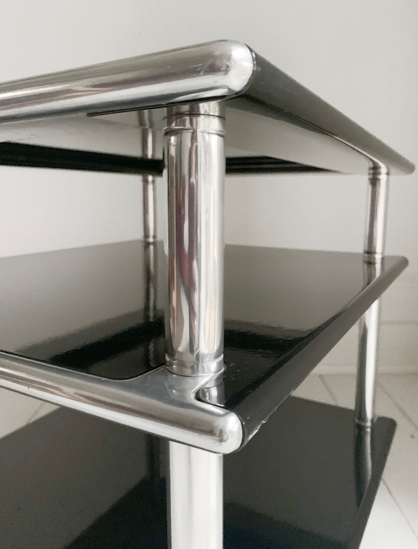 1980's Habitat 3 Tier Black Steel & Aluminium Table / Media - Coffee Table / Turntable Stand
