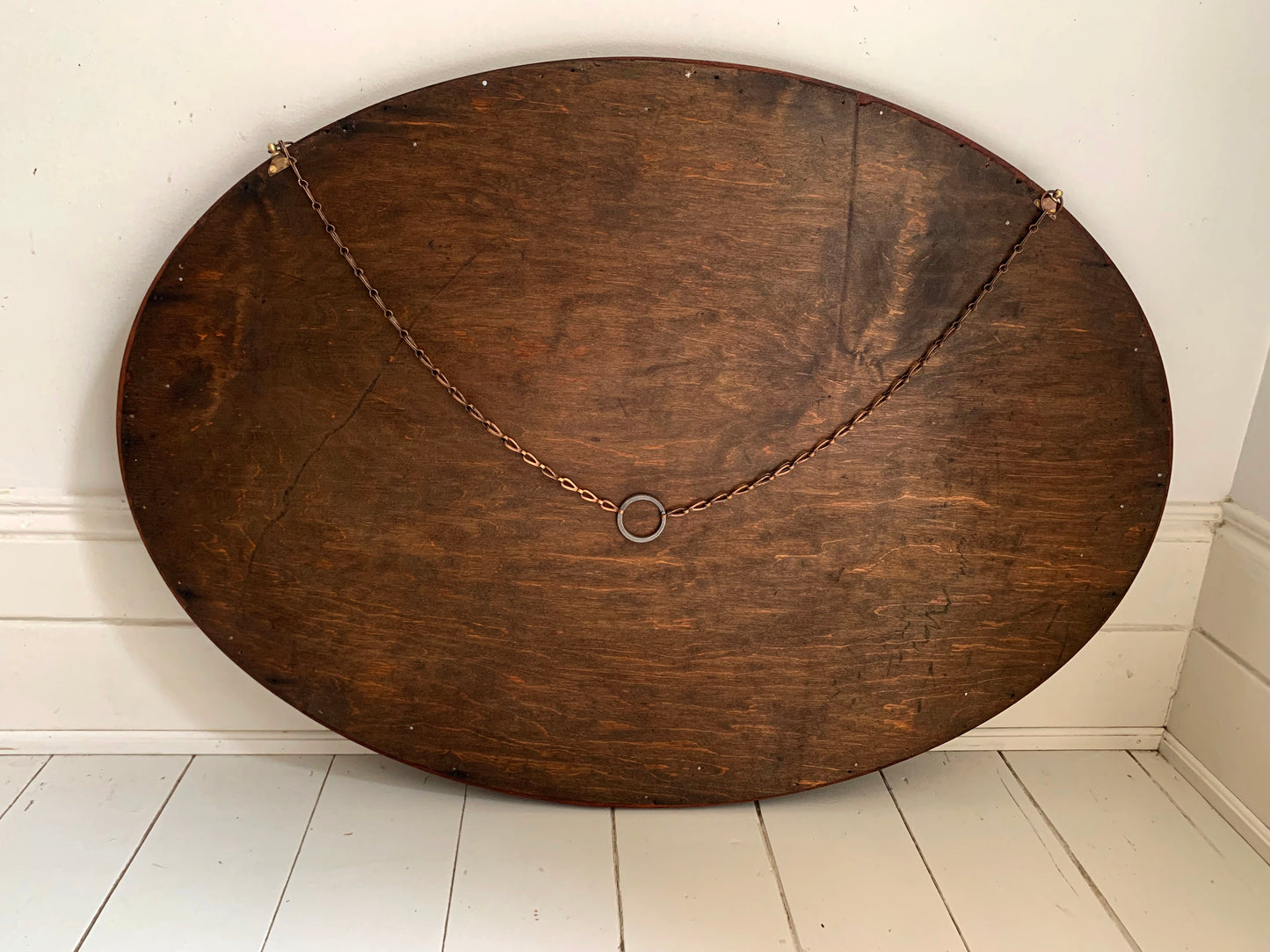 Large Vintage Oval Mirror with Oak Frame, Bevelled Glass with Gentle Foxing