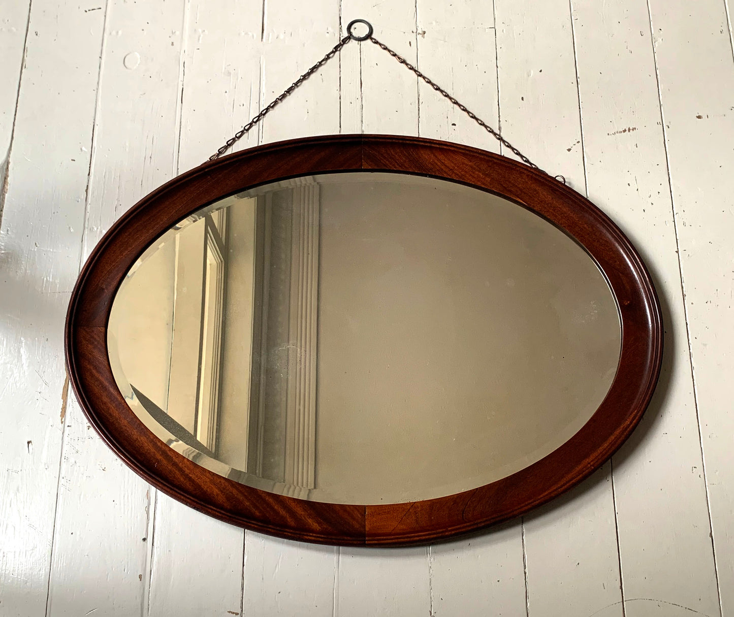 Large Vintage Oval Mirror with Oak Frame, Bevelled Glass with Gentle Foxing