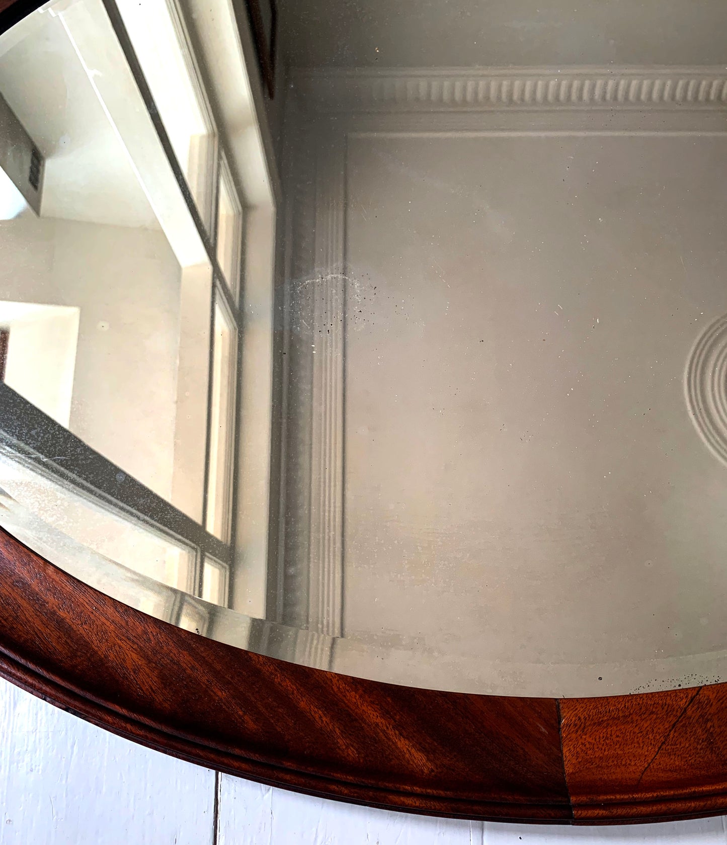 Large Vintage Oval Mirror with Oak Frame, Bevelled Glass with Gentle Foxing