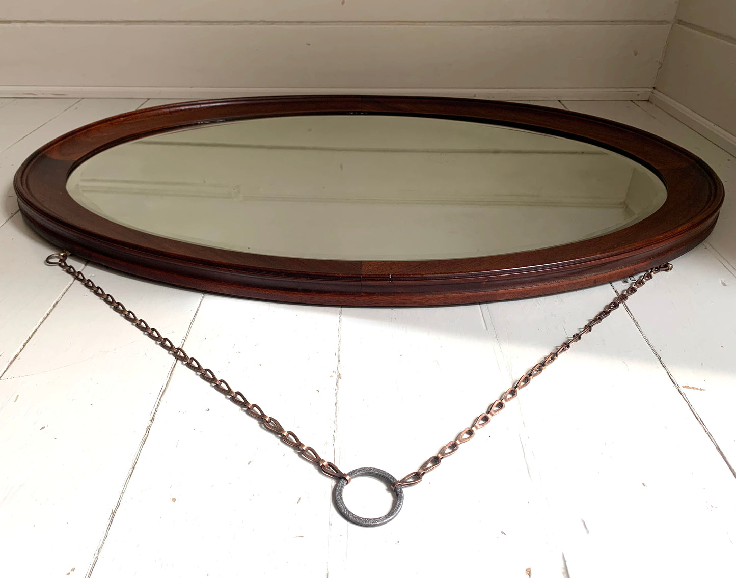 Large Vintage Oval Mirror with Oak Frame, Bevelled Glass with Gentle Foxing