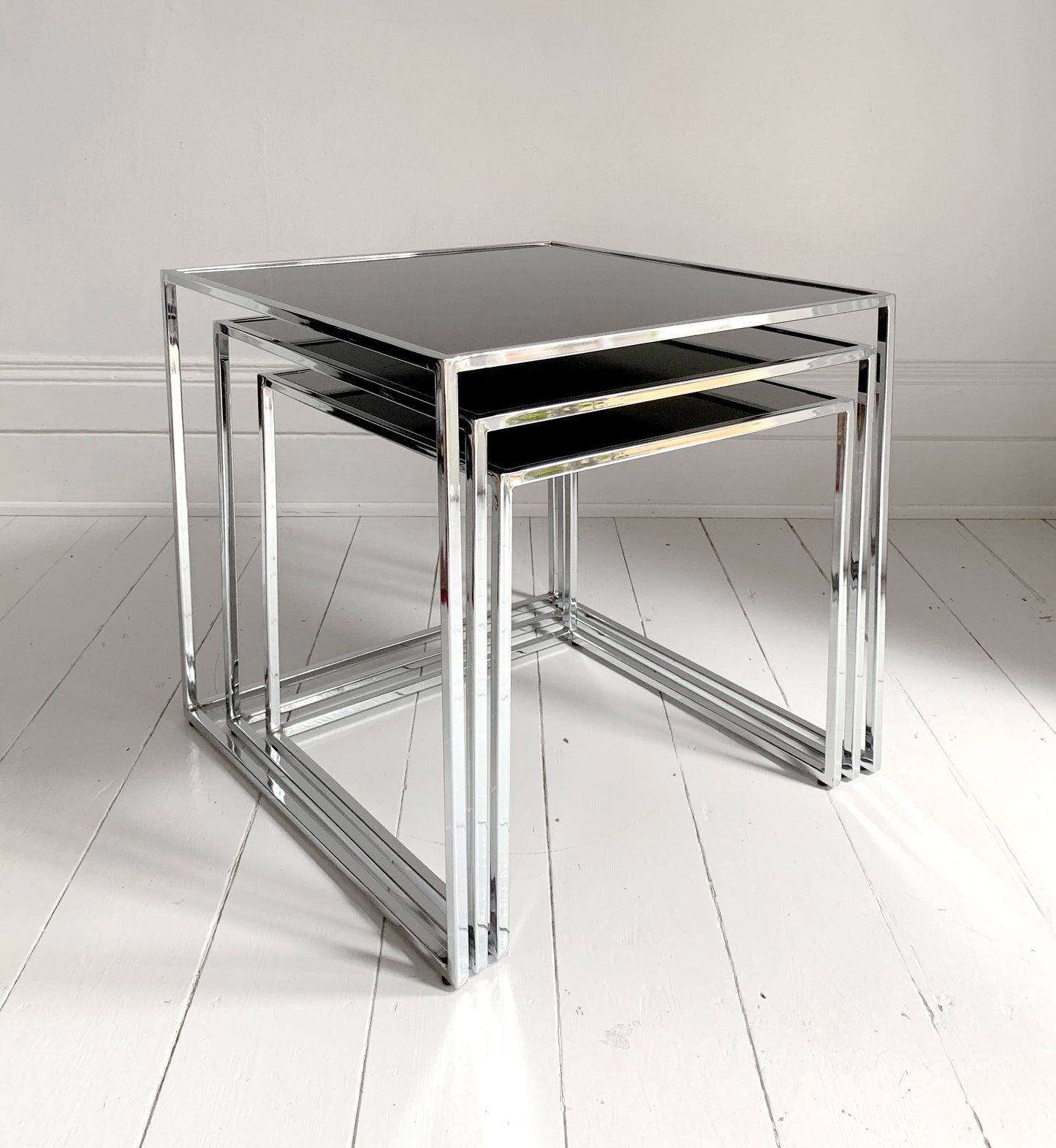 Set of 3 Nesting Tables / Chrome Frame - Smoked Glass / Mid - Century Modern