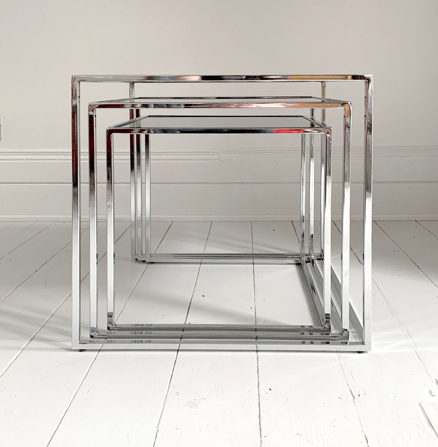 Set of 3 Nesting Tables / Chrome Frame - Smoked Glass / Mid - Century Modern