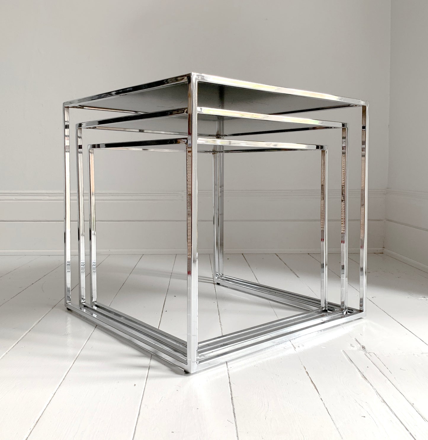 Set of 3 Nesting Tables / Chrome Frame - Smoked Glass / Mid - Century Modern