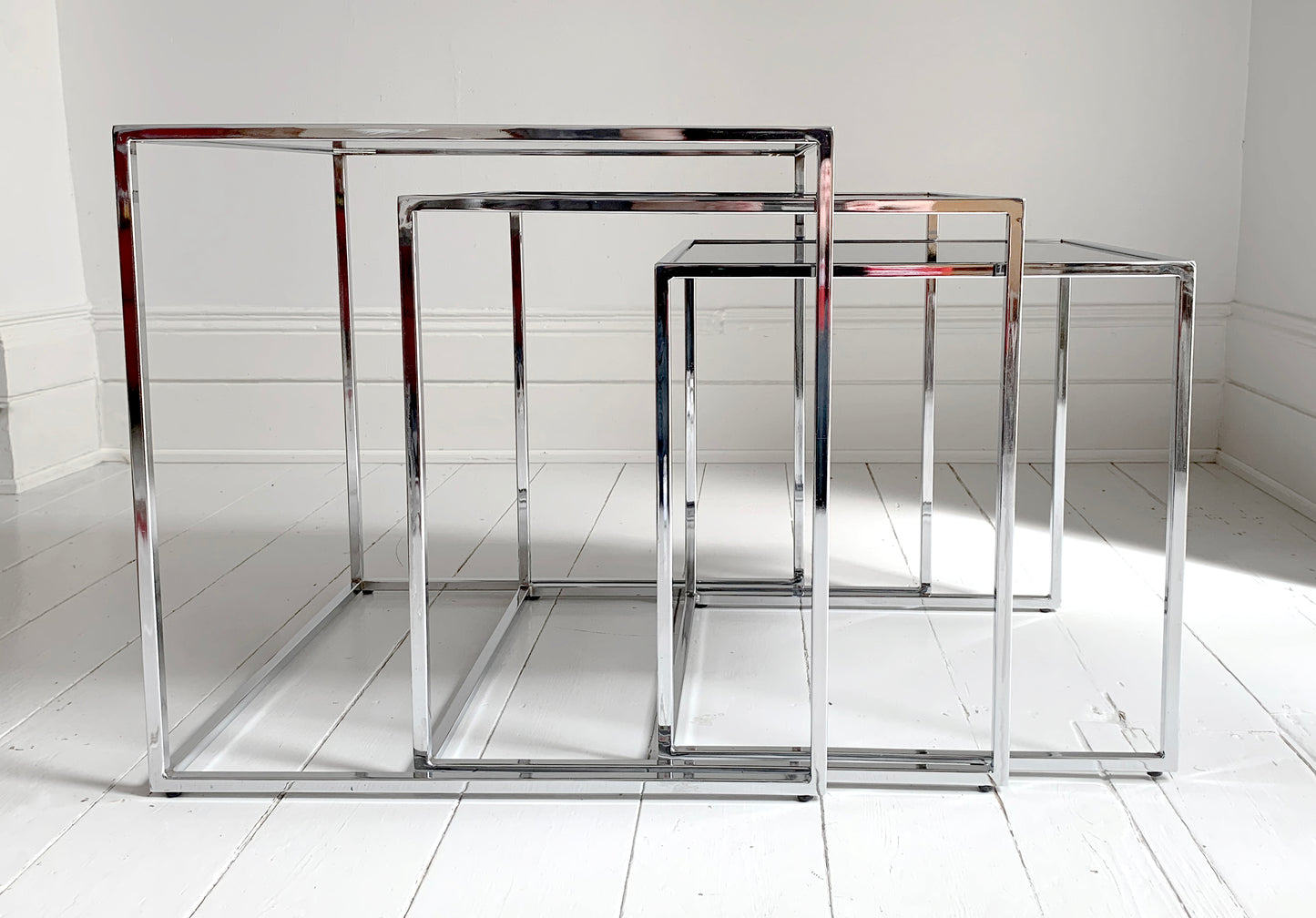 Set of 3 Nesting Tables / Chrome Frame - Smoked Glass / Mid - Century Modern