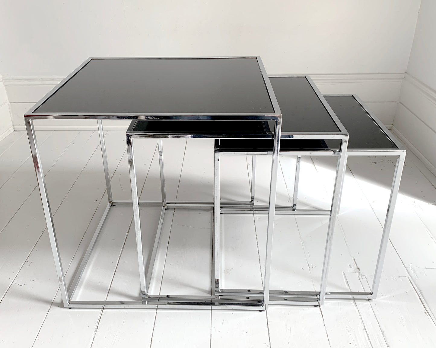 Set of 3 Nesting Tables / Chrome Frame - Smoked Glass / Mid - Century Modern
