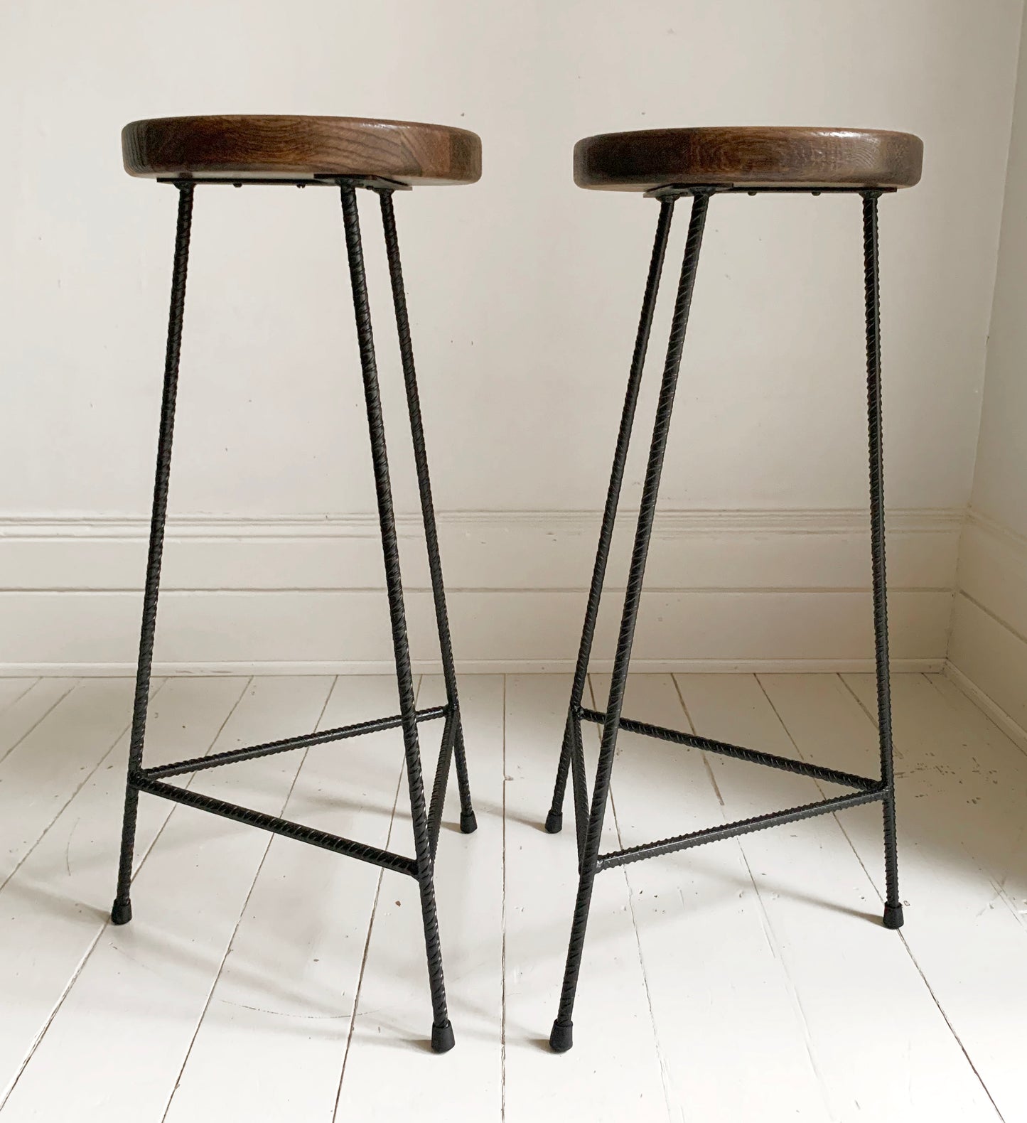 Industrial Rebar Bar Stool/Dining Stool x 2, with dark wooden seat with 3 black legs #1