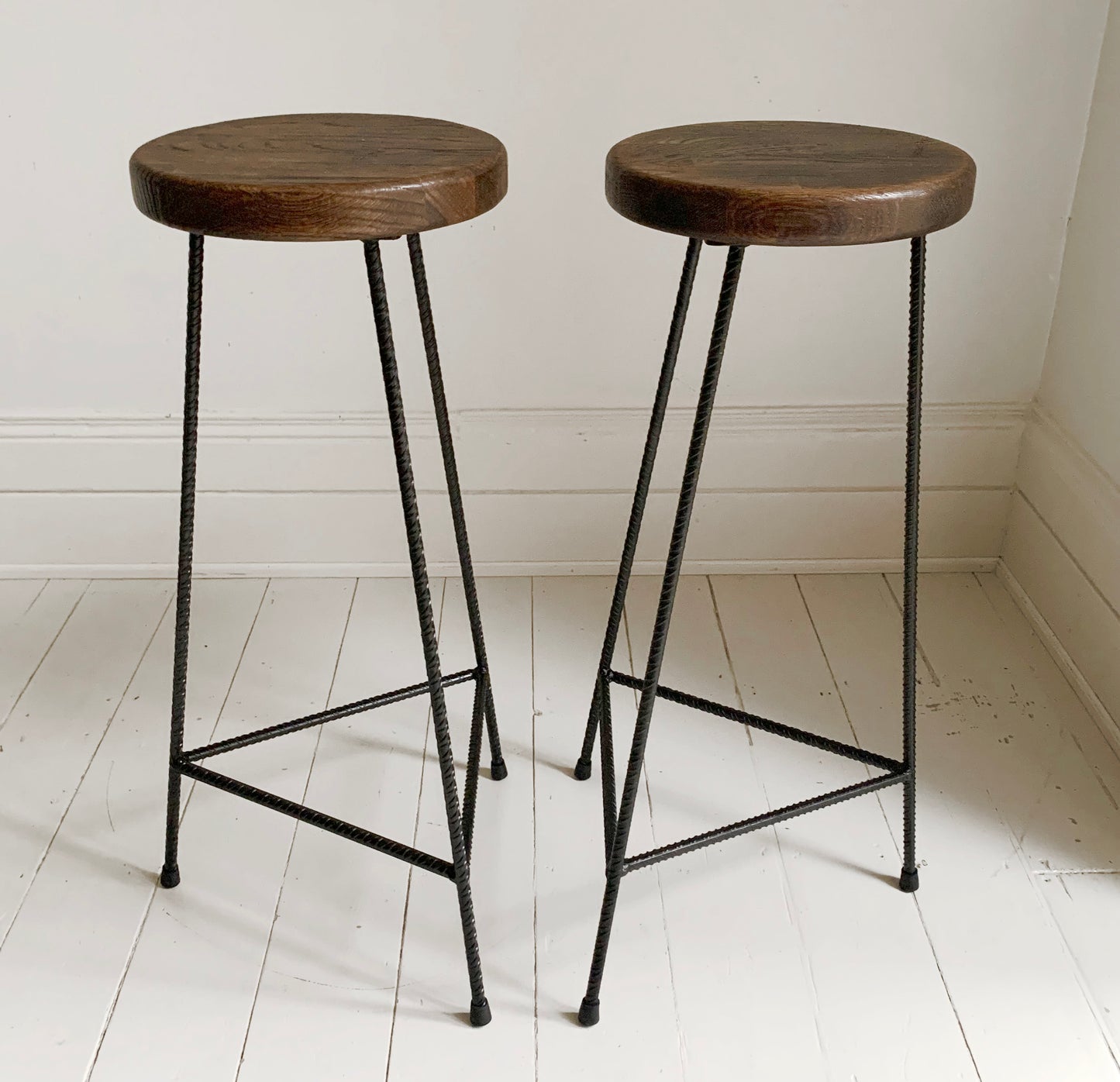 Industrial Rebar Bar Stool/Dining Stool x 2, with dark wooden seat with 3 black legs #1