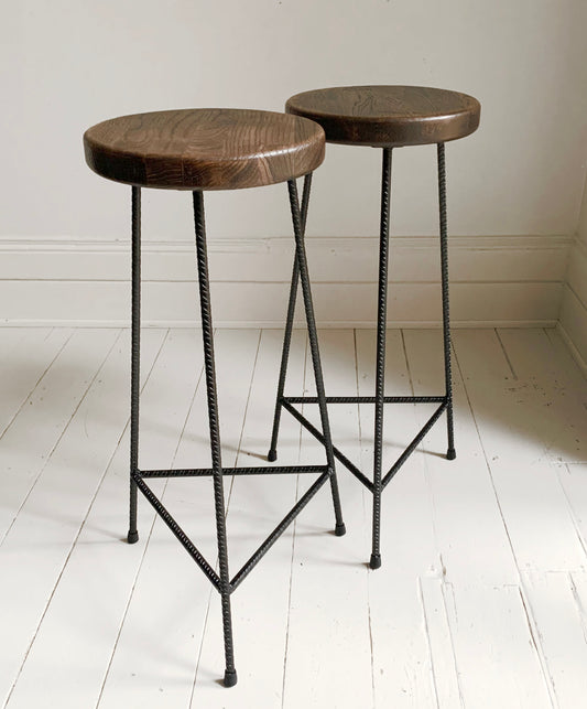 Industrial Rebar Bar Stool/Dining Stool x 2, with dark wooden seat with 3 black legs #1