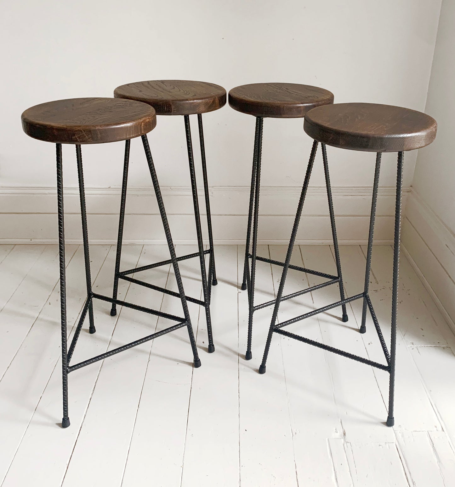 Industrial Rebar Bar Stool/Dining Stool x 2, with dark wooden seat with 3 black legs #1