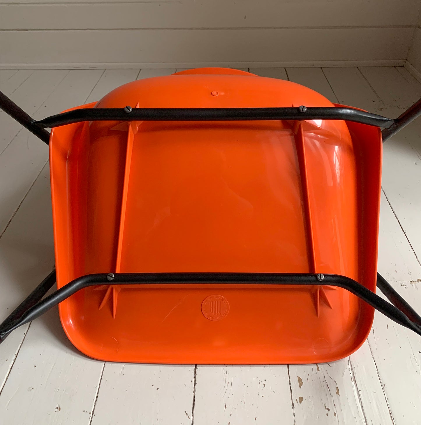 Vintage Robin Day for Hille, Orange & Black Stacking Chairs w/ Arms, 2/10 chairs