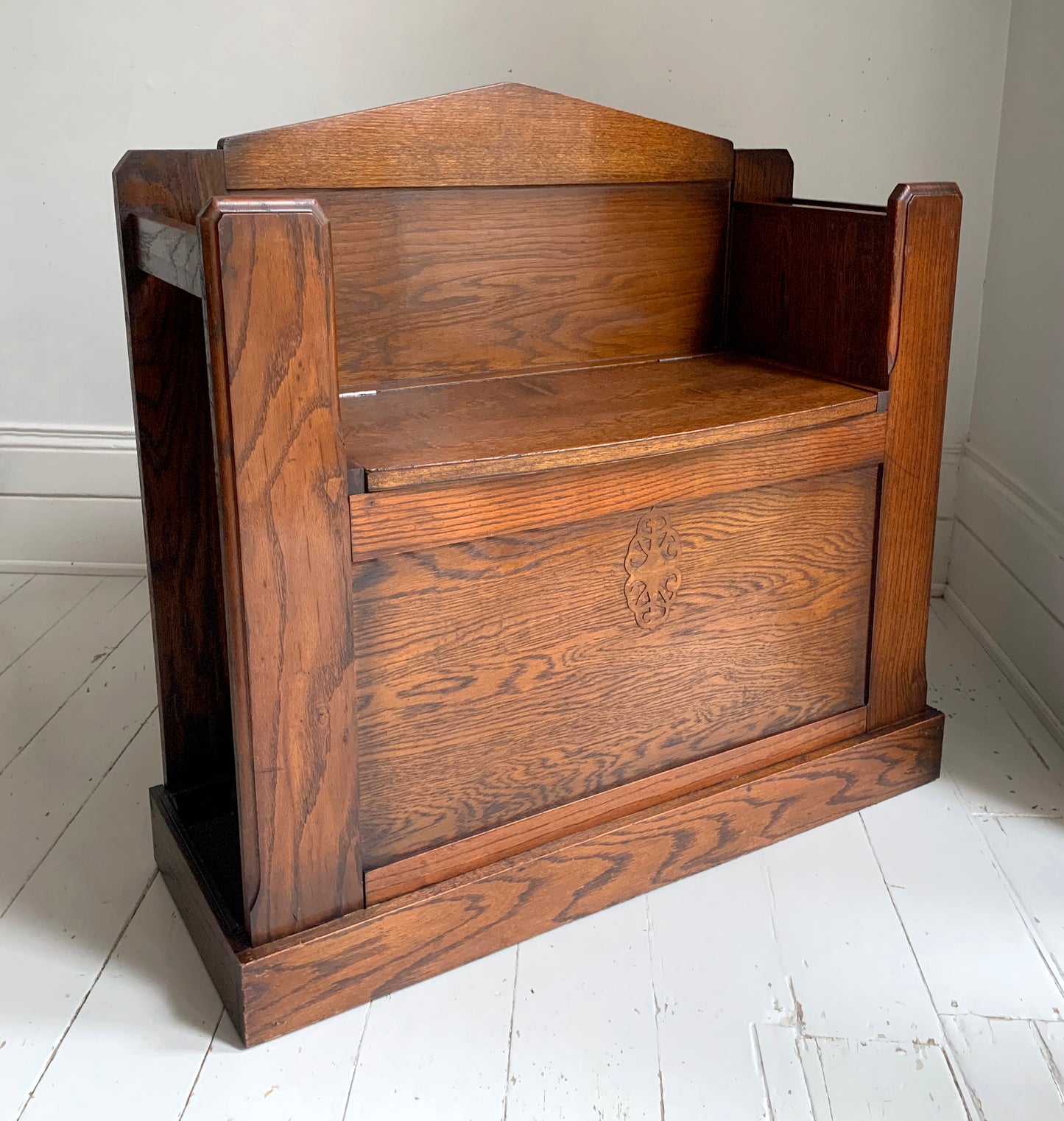 Antique Oak Arts & Craft Hall Seat / Settle /With Arms, Storage & Umbrella Trays