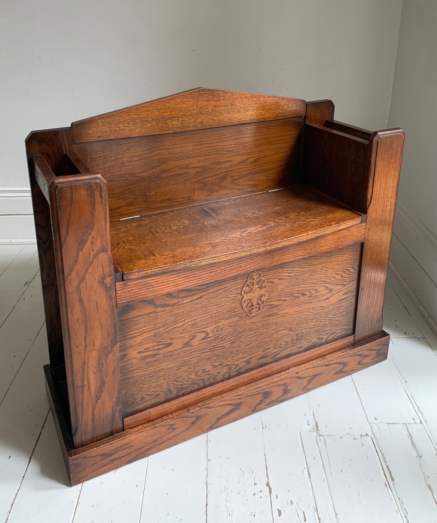 Antique Oak Arts & Craft Hall Seat / Settle /With Arms, Storage & Umbrella Trays