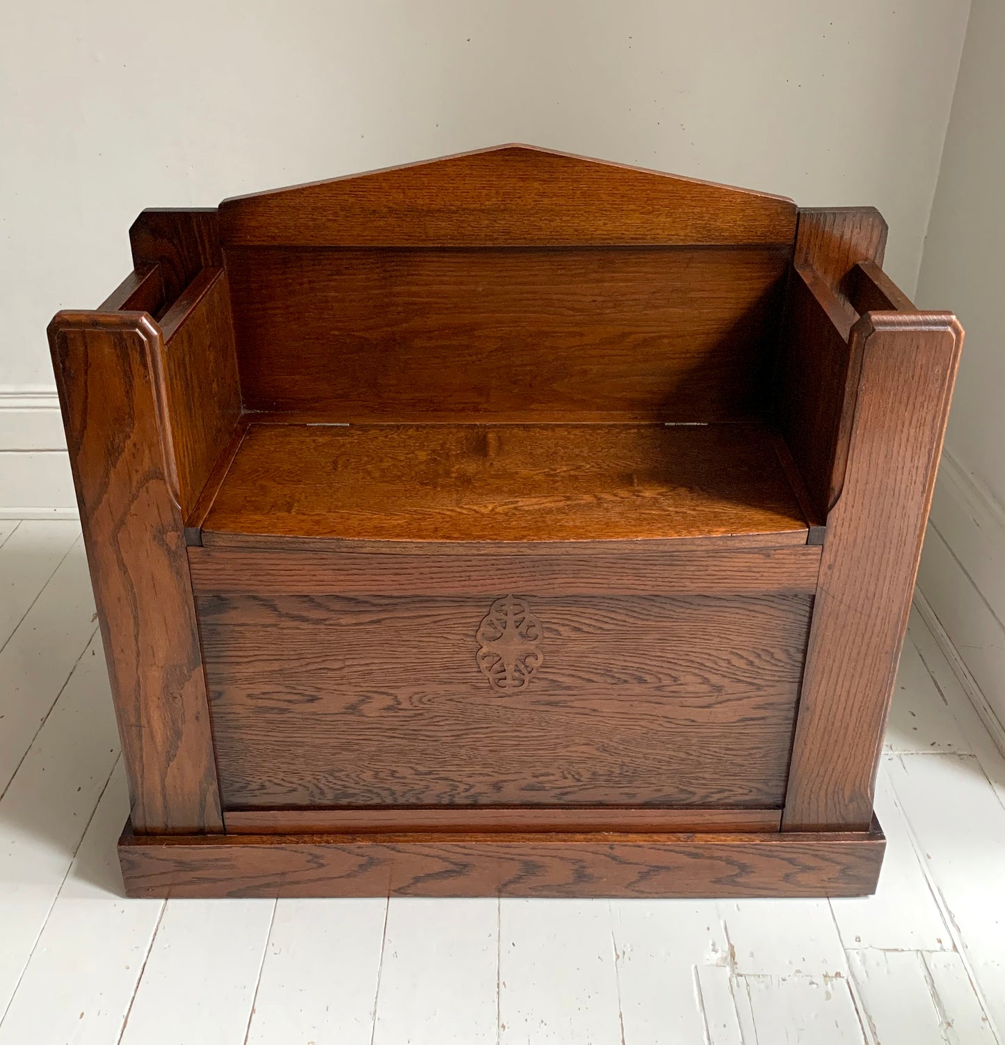 Antique Oak Arts & Craft Hall Seat / Settle /With Arms, Storage & Umbrella Trays