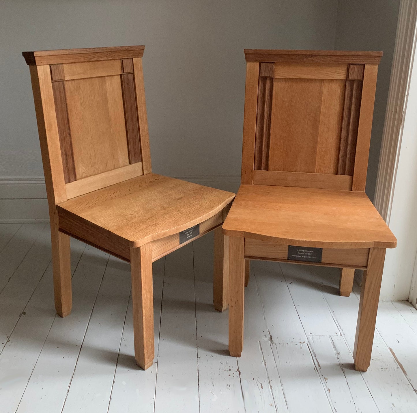 Pair of Vintage Solid English Oak Hall Chairs - Art Deco Church Altar Chairs