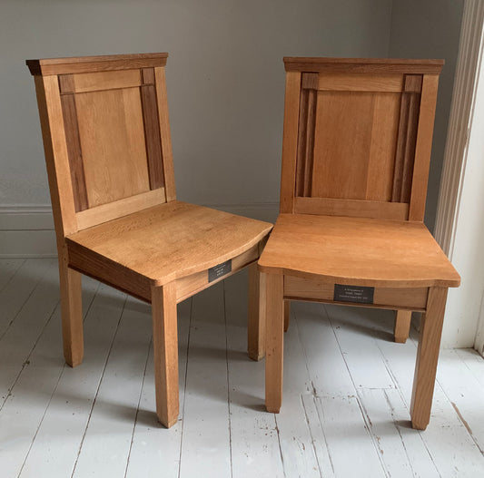 Pair of Vintage Solid English Oak Hall Chairs - Art Deco Church Altar Chairs