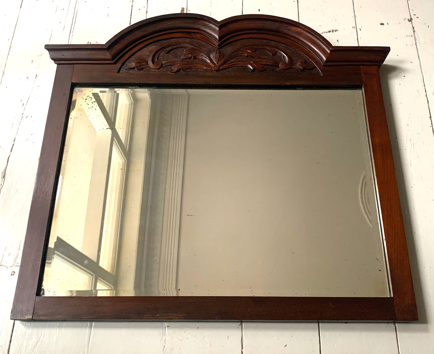Antique Victorian Mirror w/ Bevelled Glass & Mahogany Frame, Carved Pediment