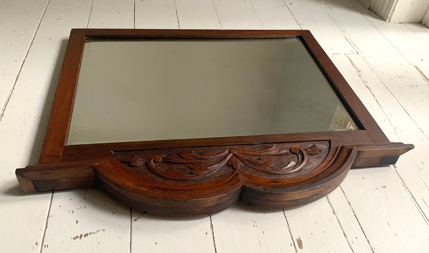 Antique Victorian Mirror w/ Bevelled Glass & Mahogany Frame, Carved Pediment