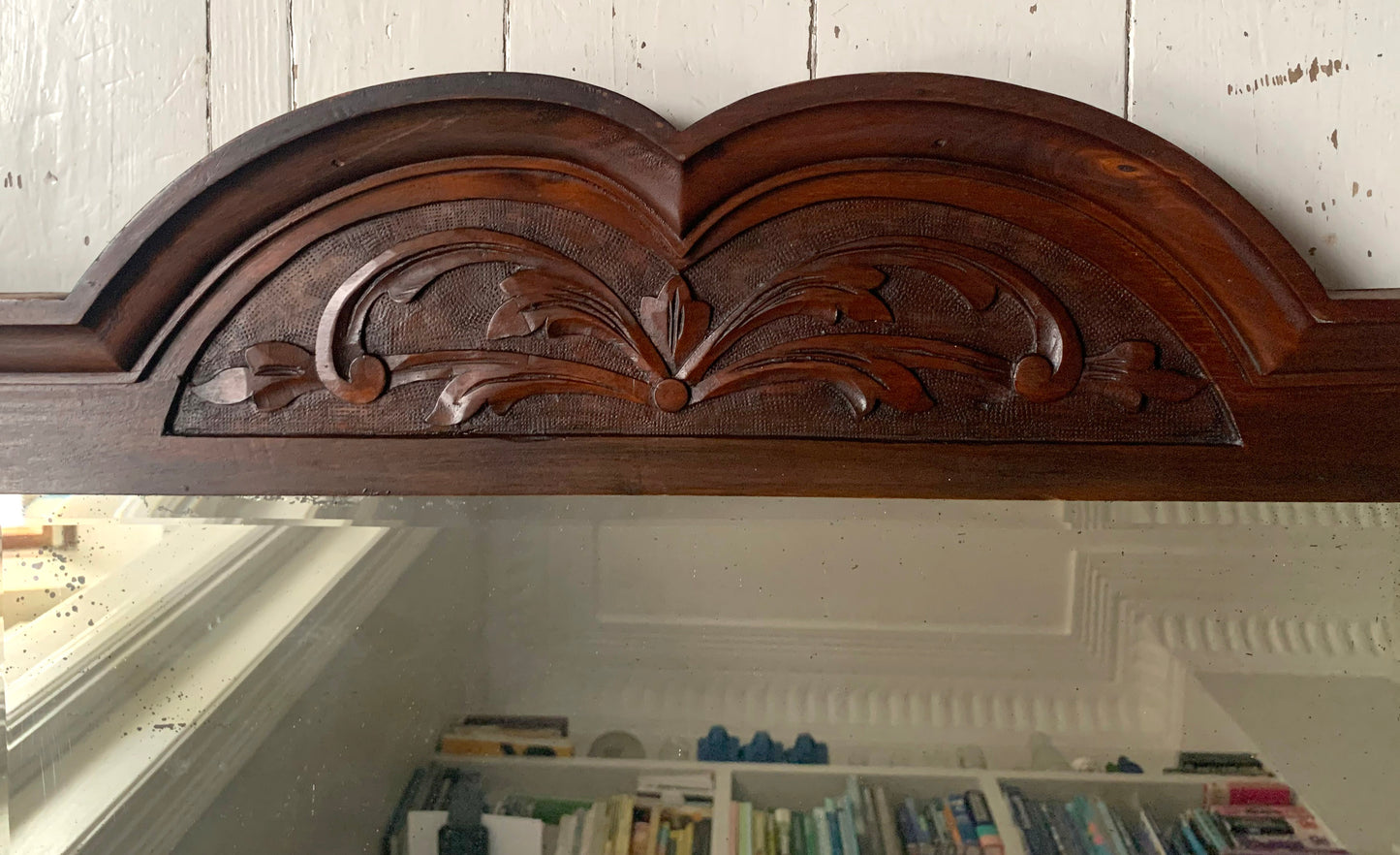 Antique Victorian Mirror w/ Bevelled Glass & Mahogany Frame, Carved Pediment