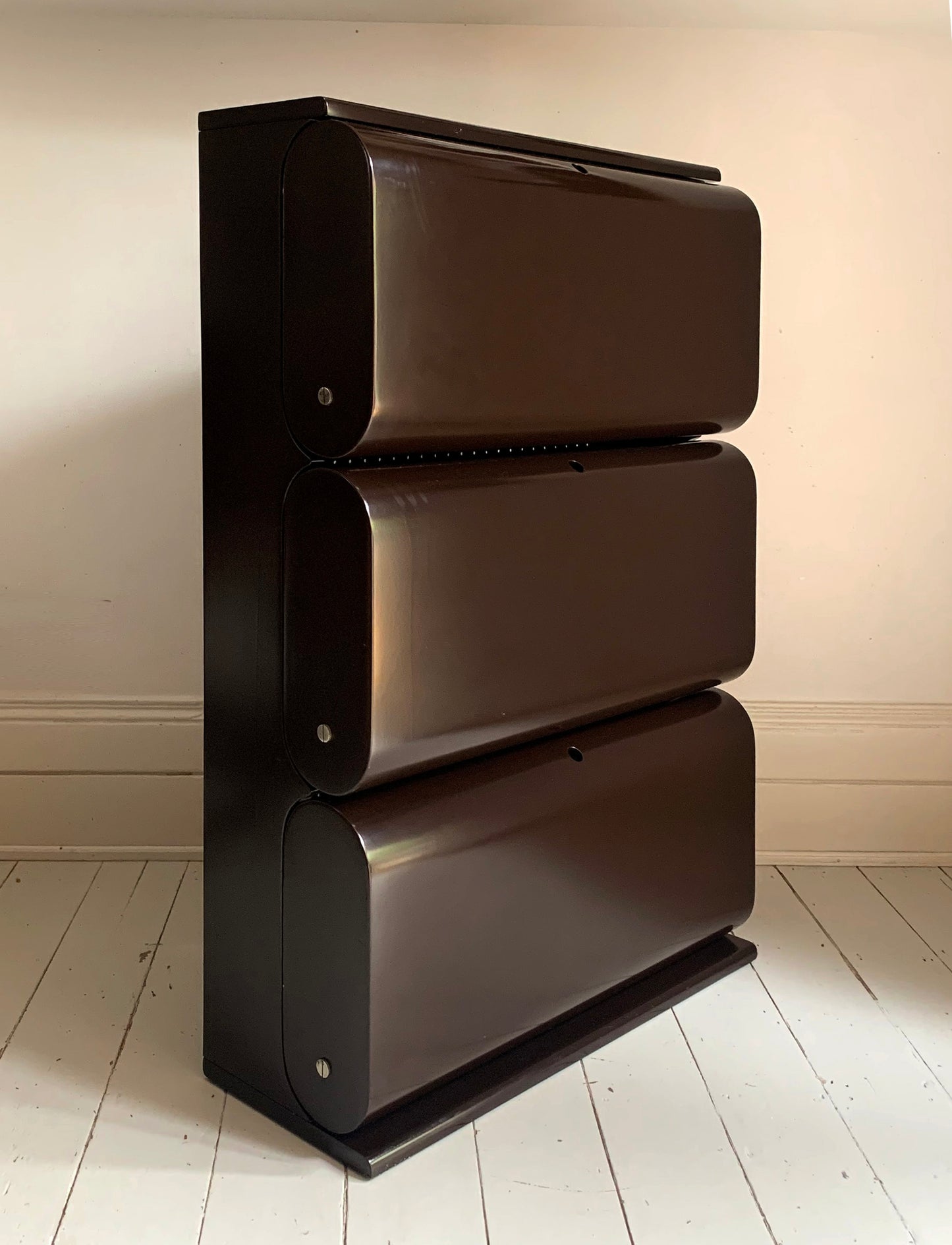 Vintage 1960s Italian Shoe Rack Cabinet, Dark Brown Lacquer Mid Century