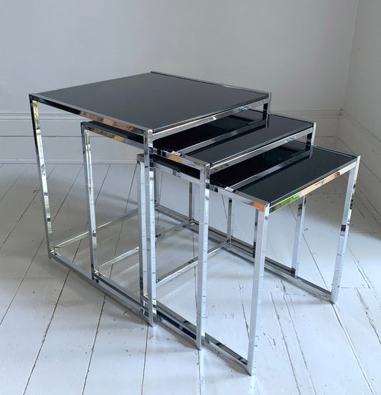 Vintage 1980s Italian Black Smoked Glass & Chrome Nesting Tables