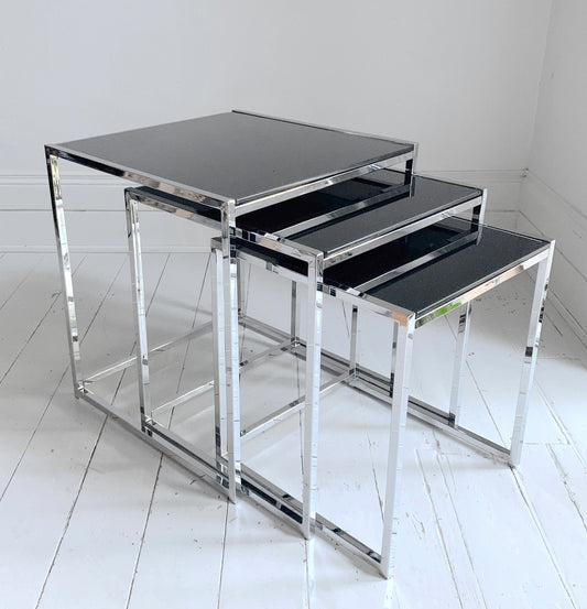 Vintage 1980s Italian Black Smoked Glass & Chrome Nesting Tables