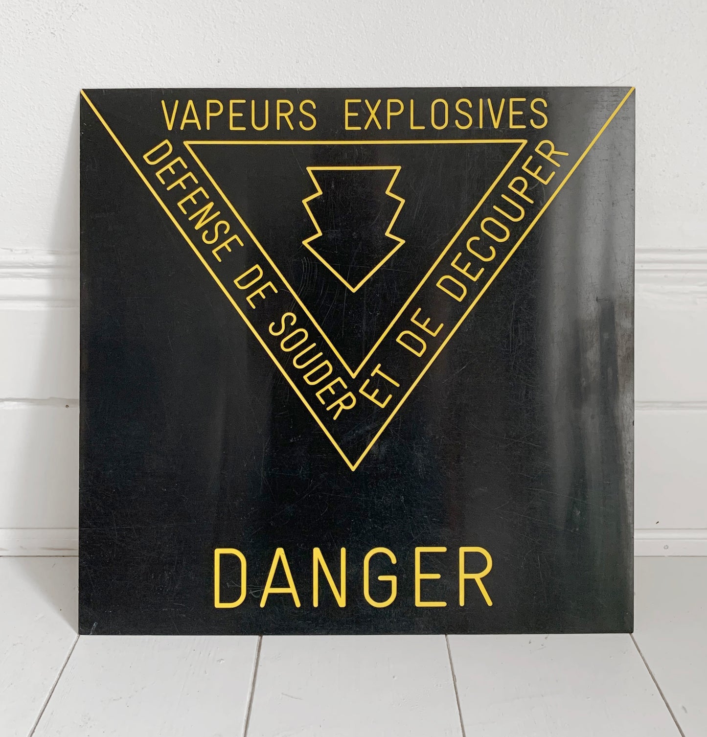 Vintage French Warning Sign / 'Danger - Explosive Vapours' / Black on Yellow