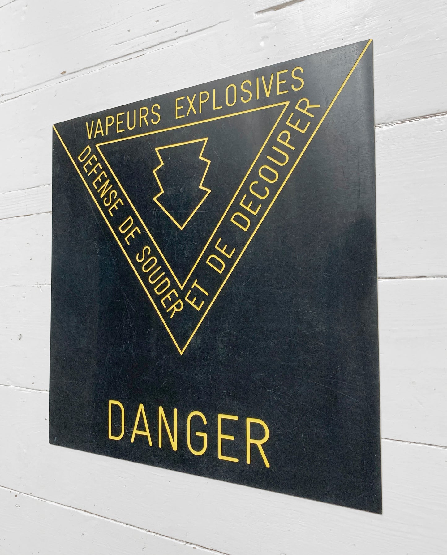 Vintage French Warning Sign / 'Danger - Explosive Vapours' / Black on Yellow