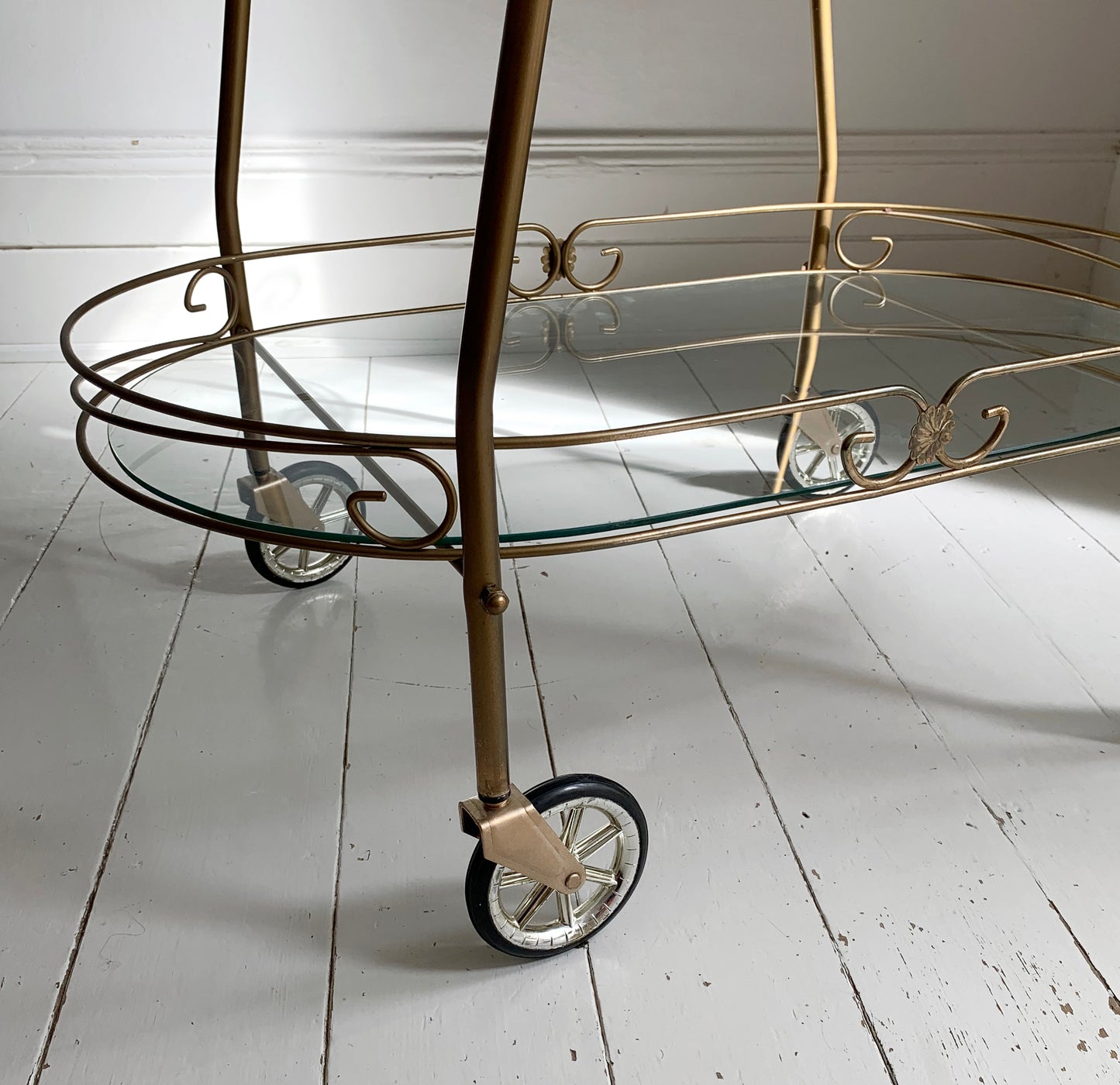 Mid Century Modern, Two Tier Brass Effect & Glass Cocktail Drinks Trolley Bar Cart