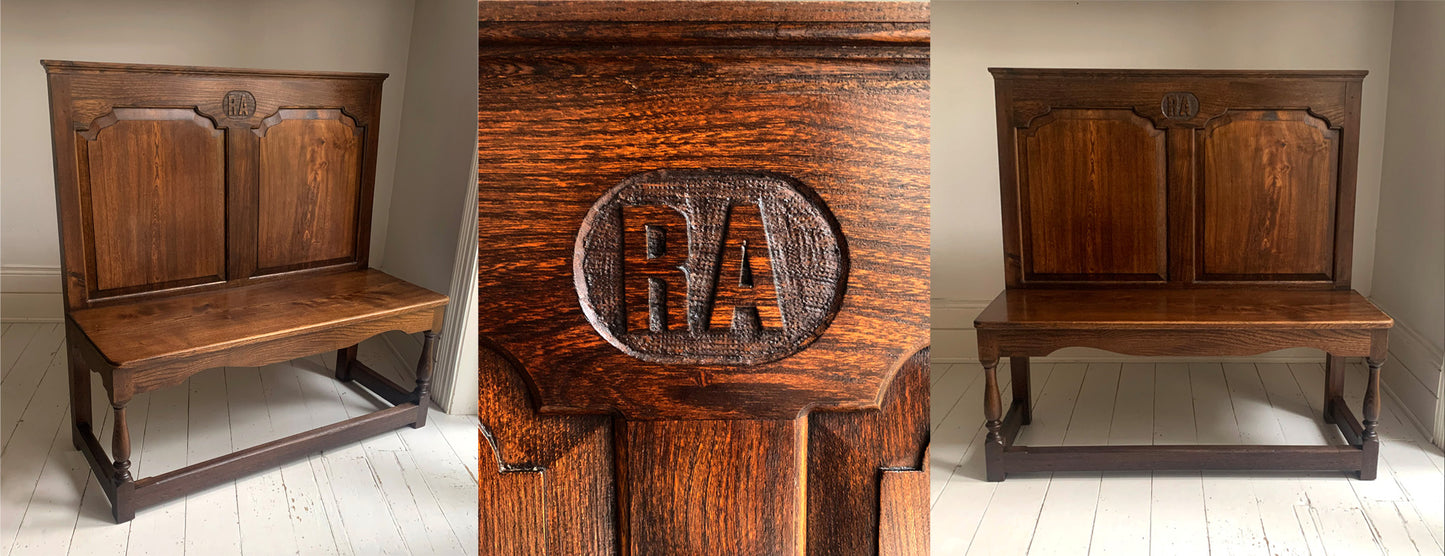 Antique Oak Panelled Back Settle Without Arms with RA Initial Carving