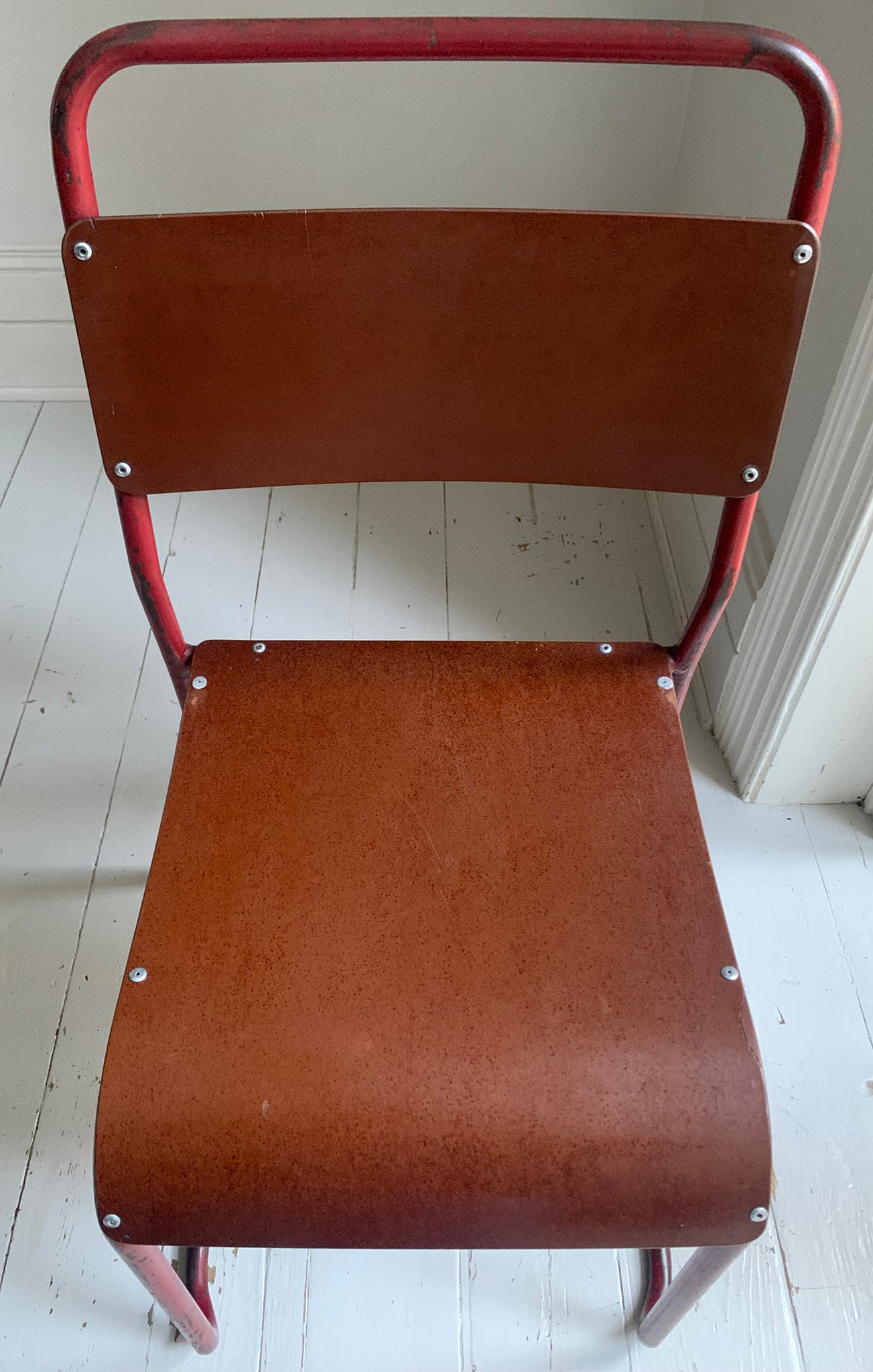 Vintage Cox Stacking Chairs; A Pair Tubular Steel Chairs with Rich Red Patina