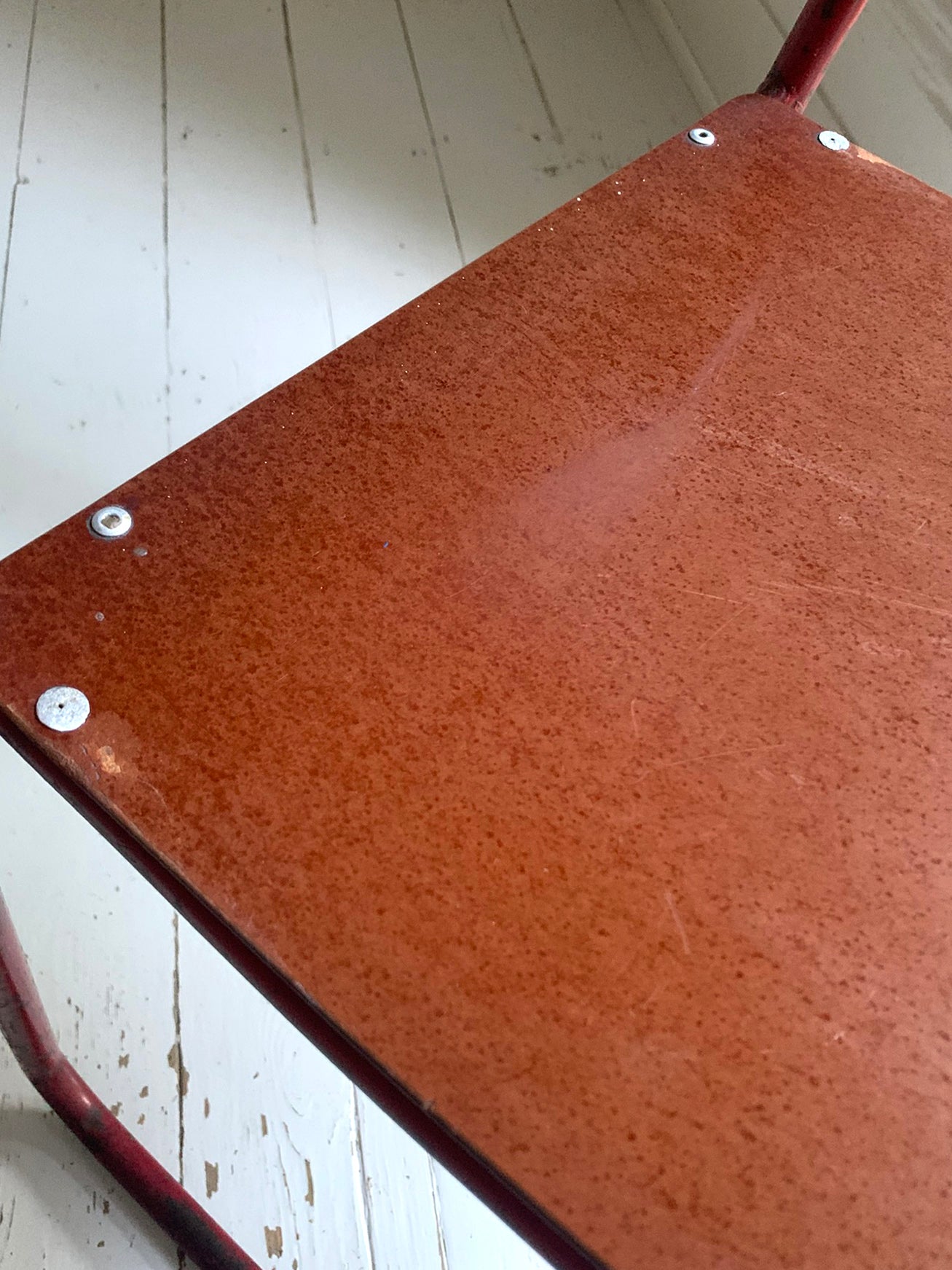 Vintage Cox Stacking Chairs; A Pair Tubular Steel Chairs with Rich Red Patina
