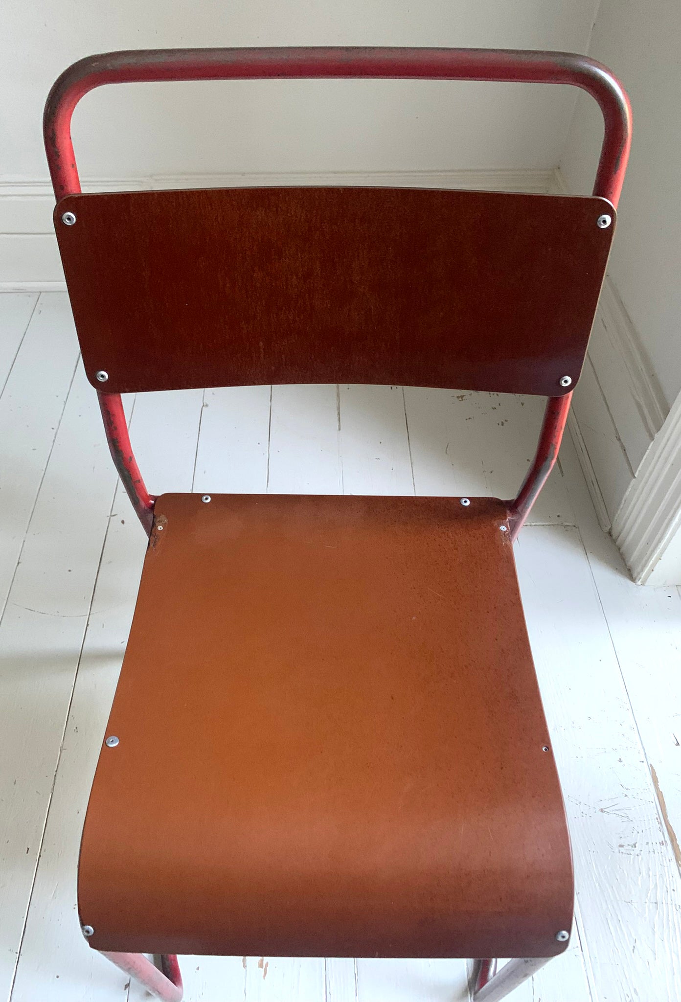 Vintage Cox Stacking Chairs; A Pair Tubular Steel Chairs with Rich Red Patina