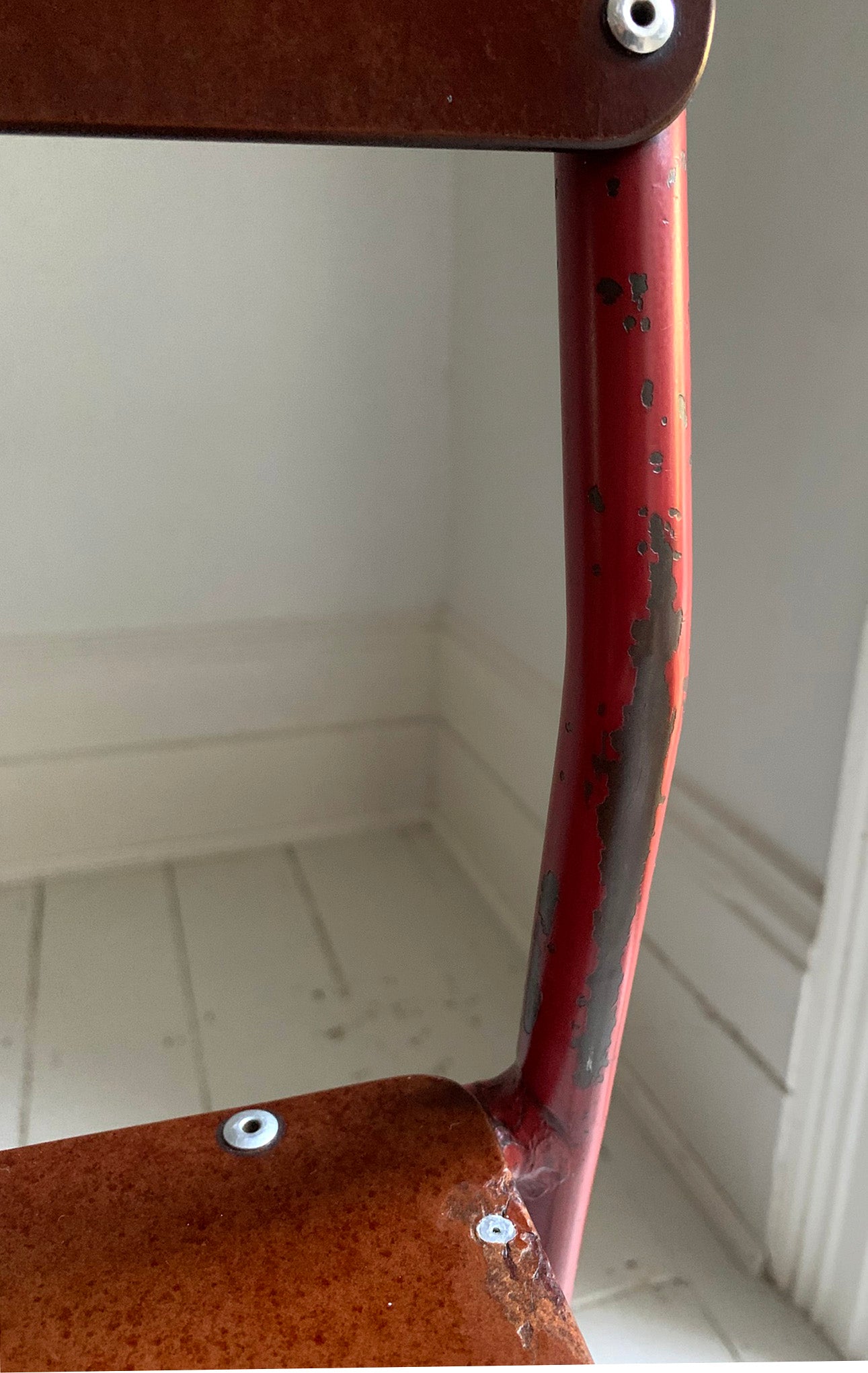 Vintage Cox Stacking Chairs; A Pair Tubular Steel Chairs with Rich Red Patina